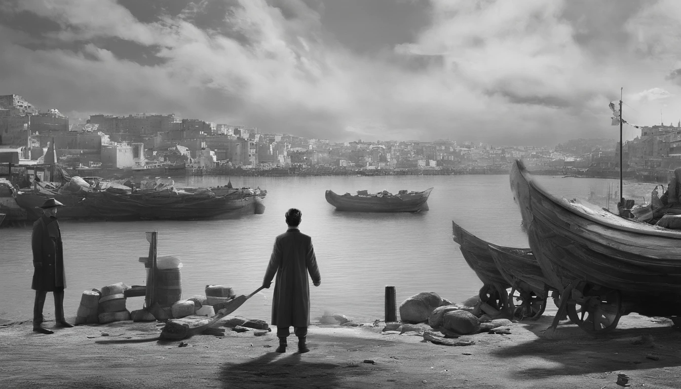 an old black and white photo of a poor white boy stand up holding box of nuts and selling nuts and waving with his hands in algeria boat port waving with his hand, dirty clouths ,1948, real-life photograph, french architecture, provia, security agent, vignette, small of people, real, large frame