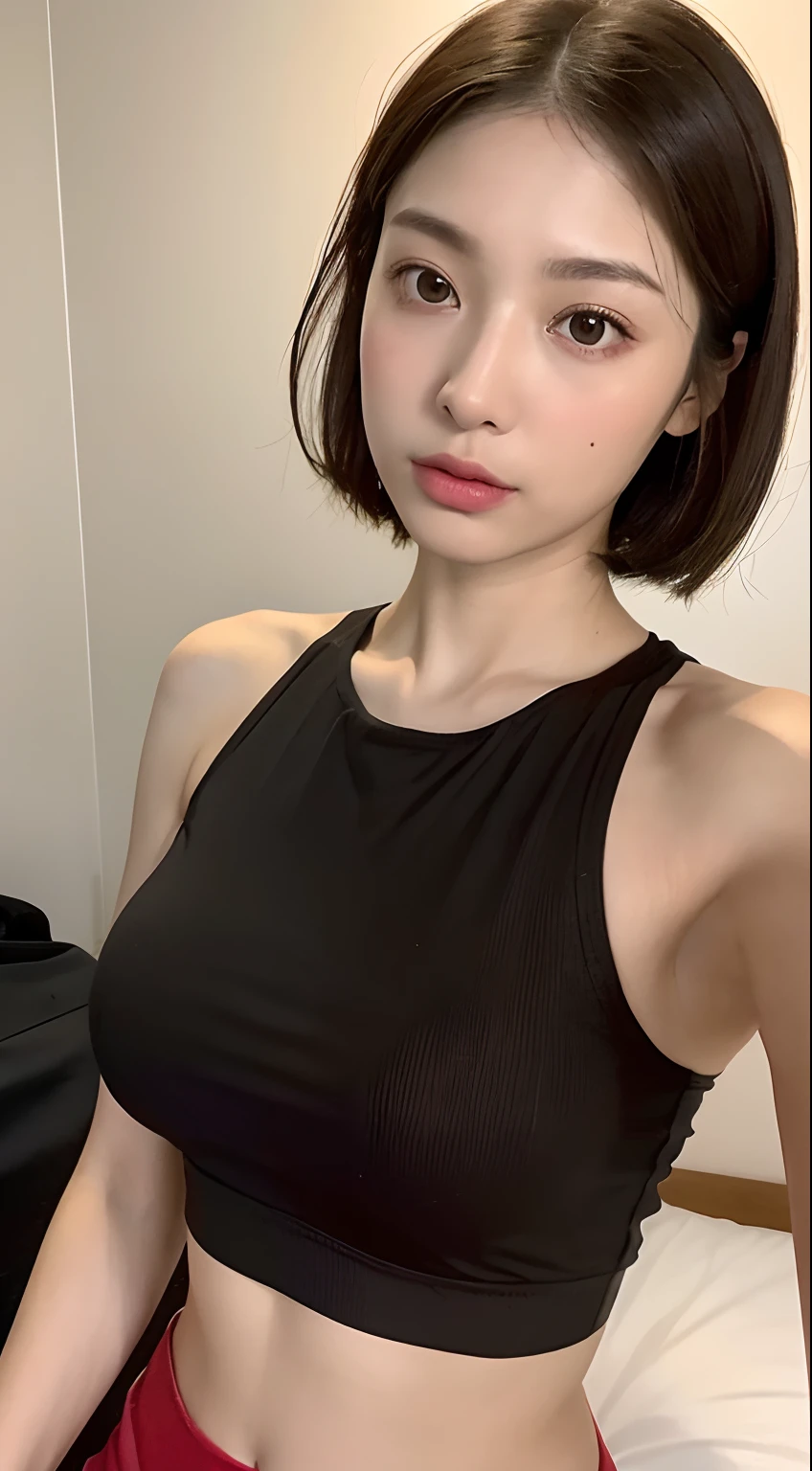 ((Realistic lighting, best qualtiy, 8k, tmasterpiece:1.3)), sharp fokus:1.2, 1girl, Beautiful Women with Perfect Figure:1.4, Slim abs:1.1, ((dark brown hair)), (red crop top:1.4),(exteriors,during night:1.1),Sit on the indoor bed,Ultra-fine face,Fine eyes,二重まぶた,Leaks out the entire delicate breast