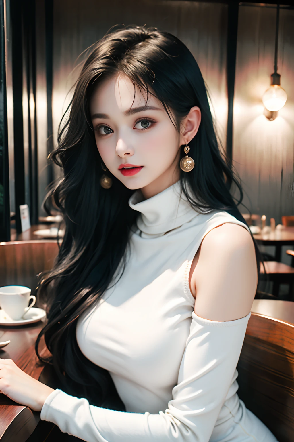 (8K, Raw photo, Best Quality, masutepiece:1.2), Ultra-detailed, Perfect Detail , view the viewer, make up, Seductive, Shameful face, (年轻:1.2),((20yr old)), Beautiful face, Beautiful eyes, (((Perfect female body, Narrow waist))), Red hair, Asian Look, an hourglass figure, Green eyes, Beautiful appearance, silk turtleneck dress, Puffy lips, Black heels, In the restaurant, Wavy Hair, Light makeup, Sablip mole, Dragon tattoo on the shoulder