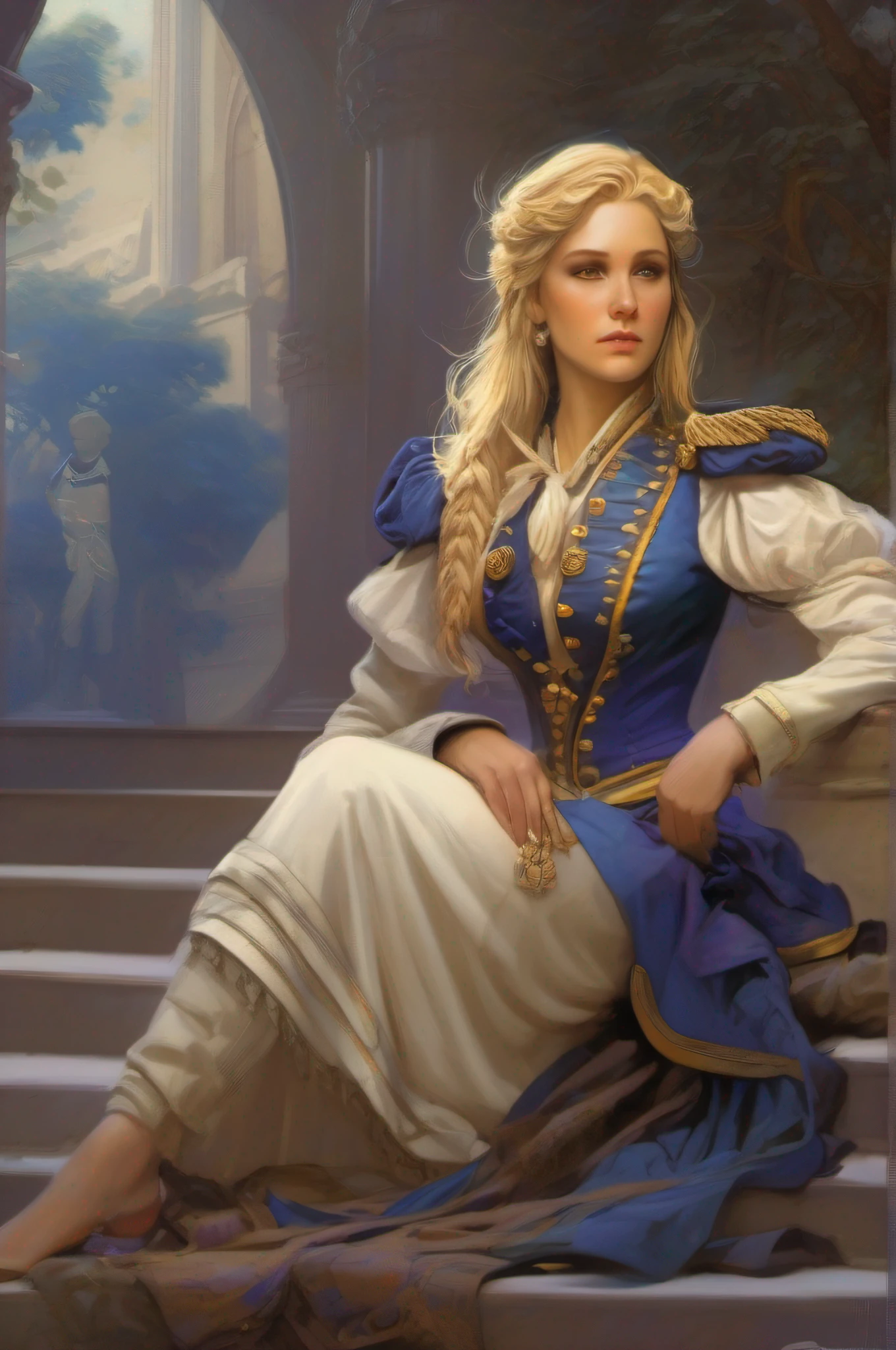 female human early 20s, braided blonde hair to one side, 19th century military blue and purple and gold uniform . concept art, intricate details, highly detailed by greg rutkowski, michael whelan, and gustave dore, alphonso mucha . full body ,no hat, Mystra