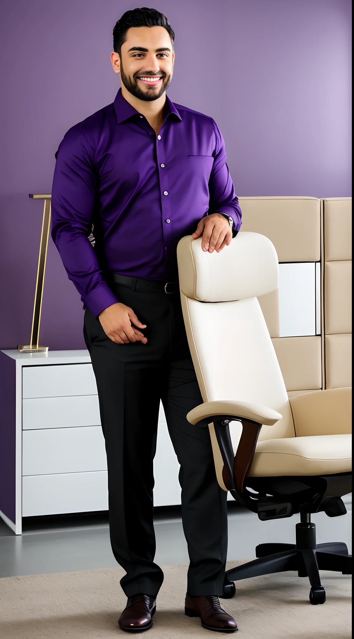 Imagine um lindo homem gordinho barbudo alto impecavelmente vestido com um terno de corte perfeito em um fundo, Dark shade of purple that reflects richness and sophistication. Her hair is impeccably combed back, com um toque de brilho sutil. His face displays a serene and confident expression, com olhos penetrantes que transmitem autoridade e conhecimento.

He is standing in an elegant setting, A luxurious office with glass walls that offer a panoramic view of the city. Around you, You see modern, elementos de design minimalista, with touches of gold that give a touch of extravagance.

Este consultor de vendas segura um tablet high-tech com a logomarca da Vivo em destaque, demonstrating their affinity for the company's advanced technology. His gesture is welcoming, with hands slightly open to the customer, suggesting willingness to help.

His smile is warm, and exudes confidence and calm. His posture is upright and secure, refletindo sua autoridade e poder no mundo das vendas. This is the kind of salesperson that makes you feel like you're in good hands, someone you can trust to provide the right solution for your needs