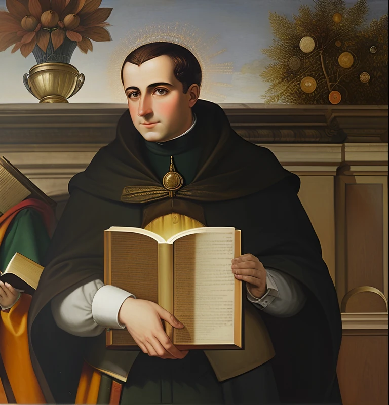 arafed painting of a man holding a book with a sun in his hand, by Thomas Aquinas Daly, inspired by Thomas Aquinas Daly, inspired by Giovanni Bernardino Asoleni, inspired by Giovanni Battista Innocenzo Colombo, by Giovanni Bernardino Asoleni, by Giovanni Battista Innocenzo Colombo, by Antonio de la Gandara