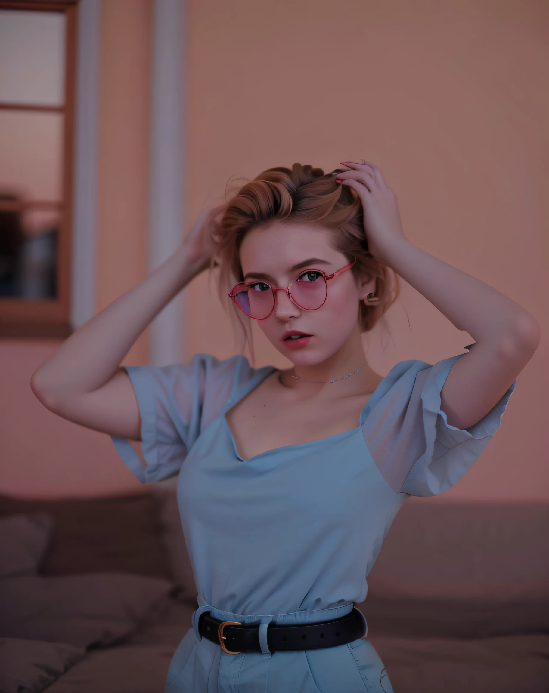Blonde woman with red eye makeup and blue shirt posing for photo, In the style of Petra Collins, Woman in rose-colored glasses, inspired by Elsa Bleda, lofi portrait, yelena belova, Lofi Girl, belle delphine, by Emma Andijewska, anna nikonova aka newmilky, Lofi Girl Aesthetics, Young woman INFP, Petra Collins