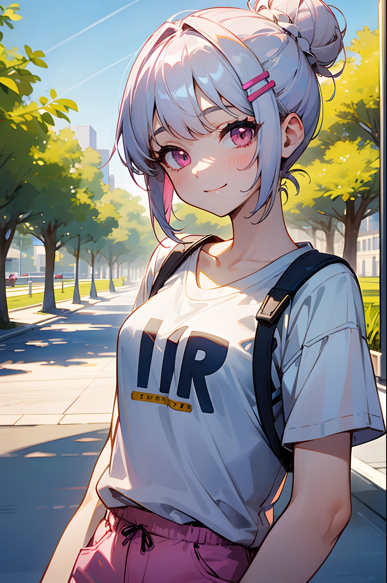 17 years old girl、silber hair、short-cut, Hair bun, hair clips、Pink eyes、small tits、white t-shirts、shortpants、blue-sky、Large park background、a smile