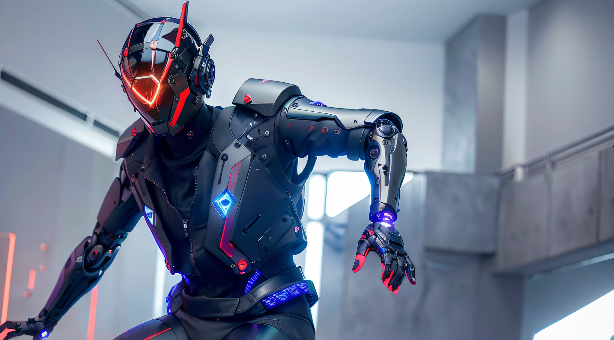 masterpiece, best quality, a close up of a futuristic looking cyborg man with a fantastic cyber helmet head with red and blue triangle led lights and a halo, full body, dancing. dance. synthwave ballad. silver pants. wearing a red and blue techwear jacket, white church in background. jump, full body, robotic legs.