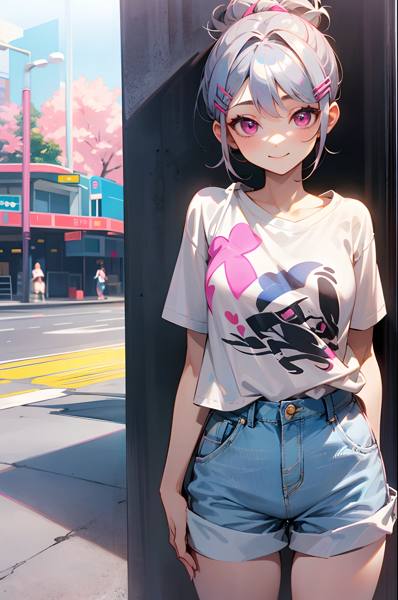 girl、silber hair、short-cut, Hair bun, hair clips、Pink eyes、small tits、white t-shirts、shortpants、blue-sky、Large park background、A slight smil