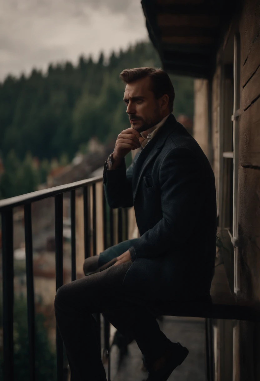 cholovik na balkoni z seharoyu a man on a balcony with a cigarette front face