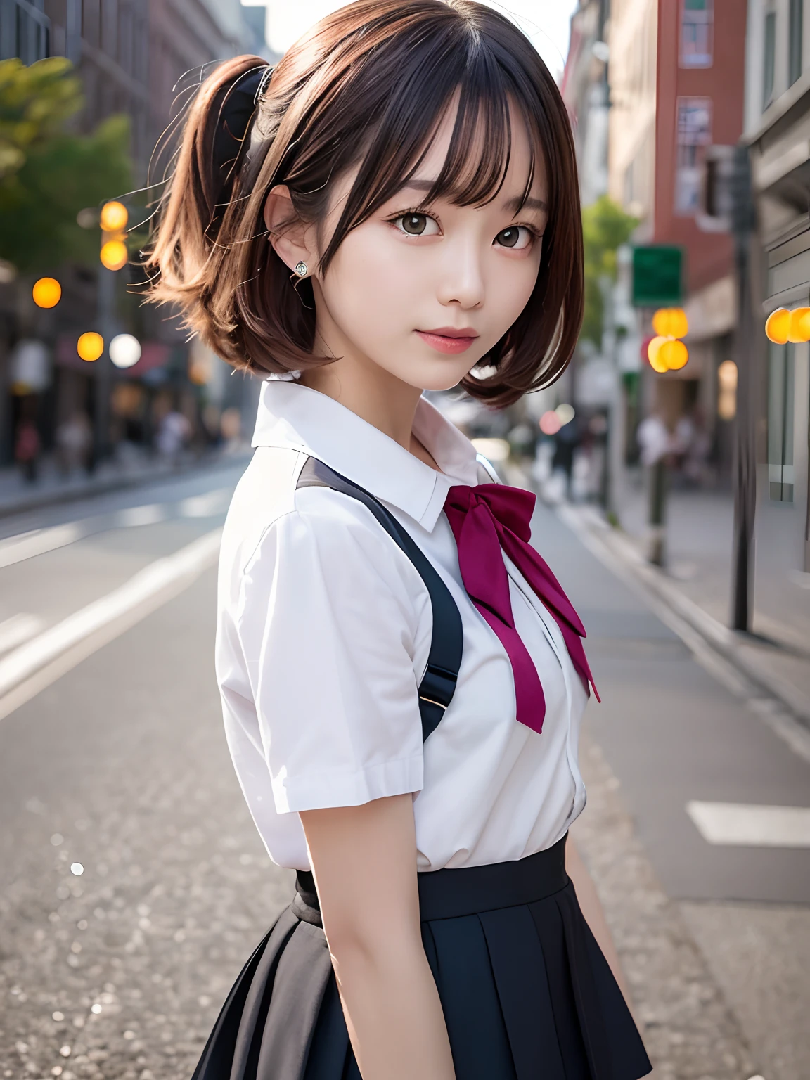 tmasterpiece,top-quality,offcial art,Highly detailed CG Unity 8K wallpapers,Like a girl,Very delicate beautiful,超A high resolution,(realisticlying:1.4),Golden Hour Lighting,(The upper part of the body),(Platinum Shorthair:0.8),(Puffy eyes),looking at viewert,Facing Front,ssmile,JK Skirt,Pink,The shirt boosts long black hair