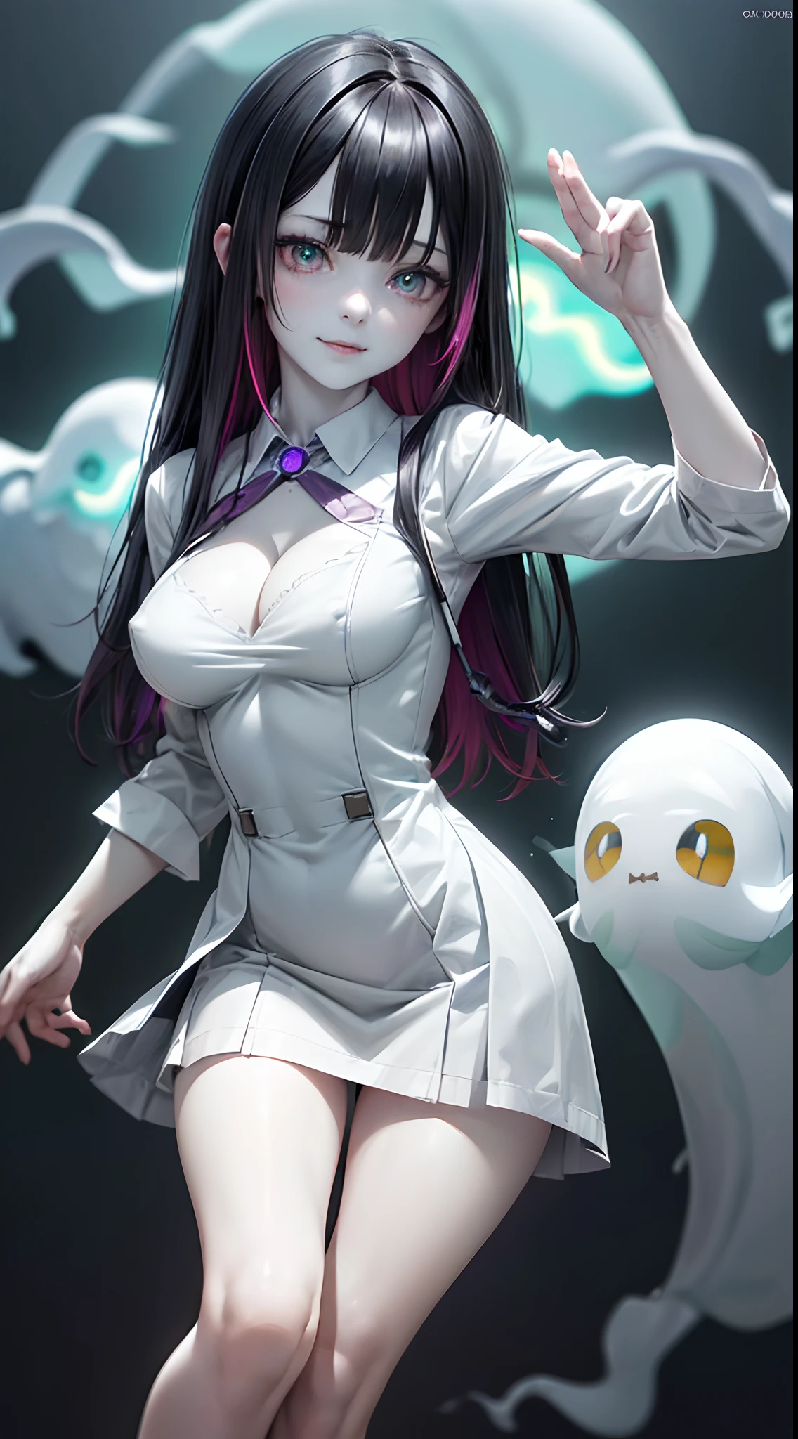(ghosty:1.85) (doctor:1.5) (nurse:0.65) girl, (white doctor coat:1.4), (spirit, spiritual:1.2), 1girl, perfect and well designed glowing shiny eyes, (beautiful detailed eyes:1.05), natural medium breasts, slim body, beautiful and delicate cute face, (face detail), ((realistic face)), pores, ((pale grey skin)), detailed skin, realistic skin, (((bioluminescence))), ((shiny skin)), (multicolored gradation skin), (monster girl:1.25), human face, medium length hair, hair voluminous, (((((multicolored gradation hair))))), (dark-haired:1.75), super high resolution, 8k, parameters Best quality, (masterpiece:1.4), (magic accessories:1.4), bracelets, extremely detailed thick tight ((white:1.5), (green:1.2), (pink:0.5)) (medical uniform:1.6), (skirt:1.25), (standing nipples under cloth:1.3), (neckline:1.3), (cleavage:1.4), (decolette:1.5), Young Girl, Little Beast, (Smile:0.9), (pale Skin:1.85), ultra detailed, photorealistic, ((Real image)), (best quality:1.4), super high resolution, (Realistic 2.0), More details, (((1girl))), {(medical ward:1.2)|(doctor office:1.2)}, (beautiful and aesthetic:1.2), (fractal art:1.4), (cinematic light:1.1), (DUTCH ANGLE:1.2), full body, 16K, HDR, RTX, Ray Tracing, Radiosity, Anisotropic Filtering, Subsurface Scattering, (((magic lights))), metallic reflections, Detailed, Realistic, 4k highly detailed digital art, (cool_color), extremely detailed CG unity 8k wallpaper, vibrant colors, (seductive pose:1.6)