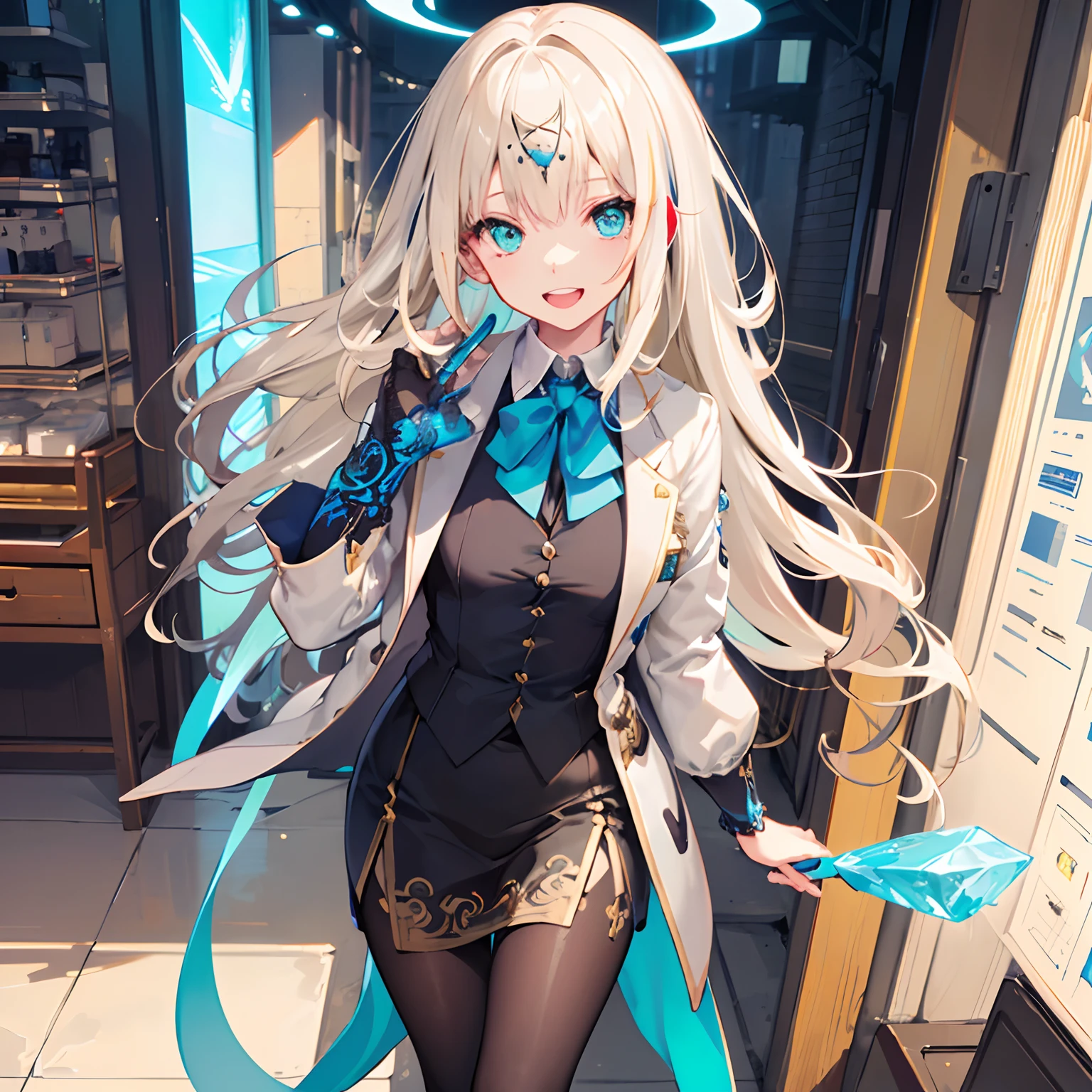 Create an image where a silk jabot adorns the collar of a velvet vest. reflecting the character's preference for classic styles. The jabot should feature intricate embroidery to add an extra touch of elegance,smile, toothy smile, 1girl,solo,hair pulled back, walking,(((lightbeige straight hair))),Streaked hair,(iceblue balance:1.3), (Turquoise balance:1.3),(blue balance:1.3),detailed embroidered pantyhose,facefocus,detailed embroidered,circlet