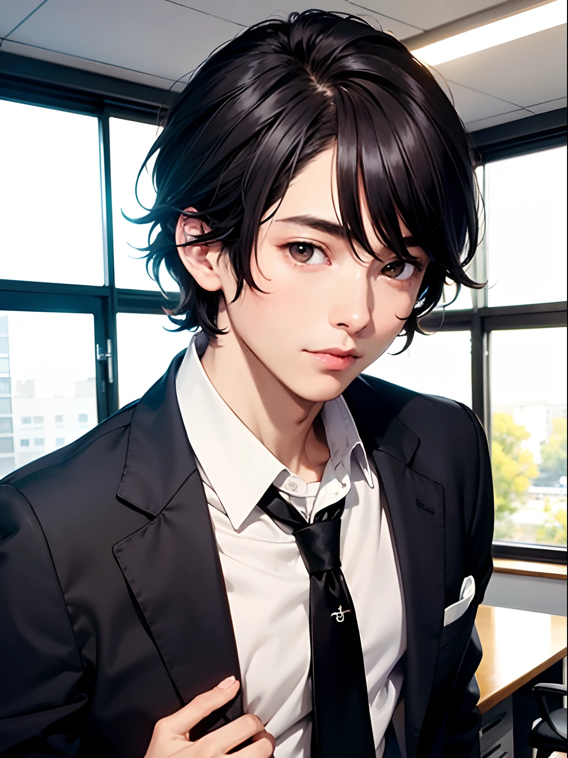 1boy,11 only、(Man's :2),(bobhair:1.5)、A dark-haired、Bright suit、Beautiful lighting in the office、hightquality、masutepiece,8K,hight resolution、