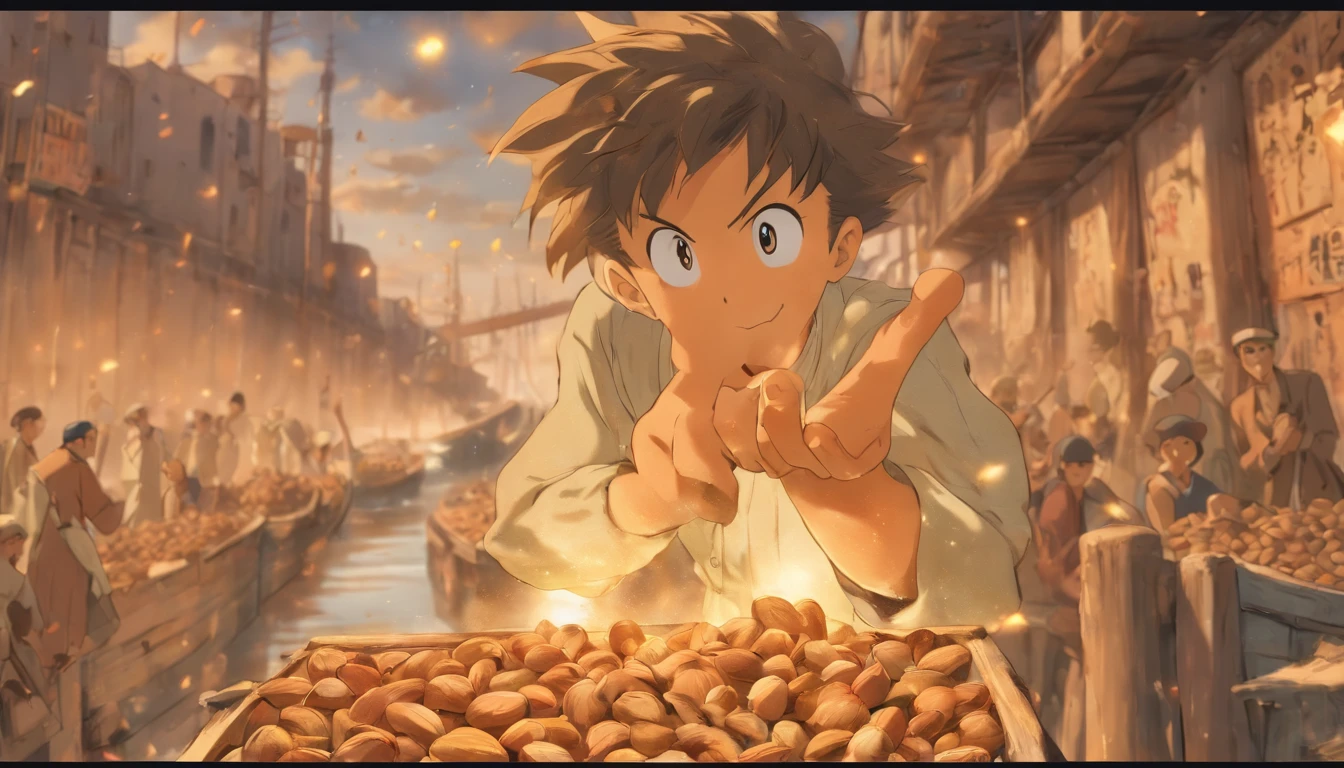 an old black and white photo of a poor white 12yo boy stand up holding box of nuts and selling nuts and waving with his hands in algeria boat port waving with his hand, dirty clouths ,1948, real-life photograph, french architecture, provia, security agent, vignette, small of people, real, large frame