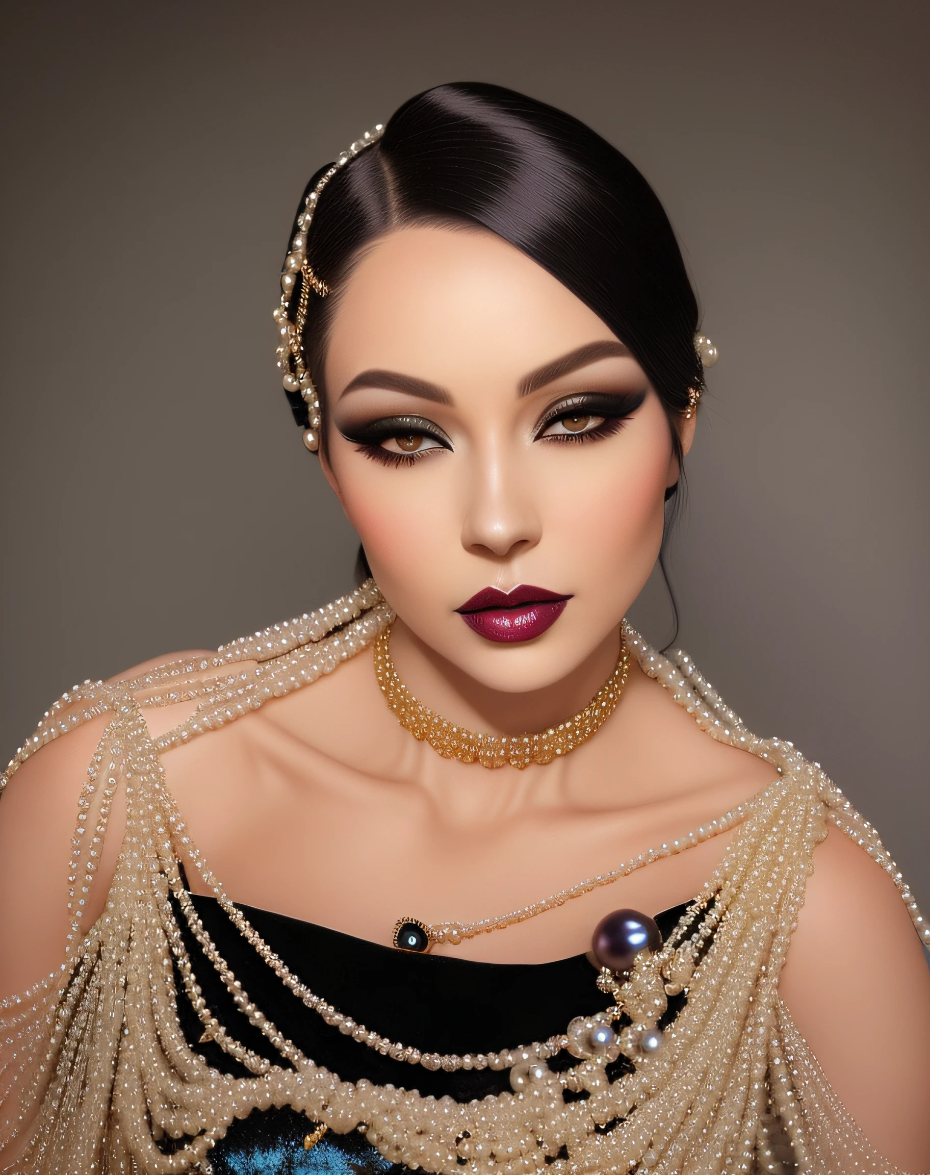 Arafed woman with pearl necklace and pearl necklace, sultry look, sexy face with full makeup, The style of Yulia Razumova, Pearls and chains, Black pearls and gold gemstones, based on Louis Lenain, Bubble Gothic Makeup, The Great Casey Rohl, with professional makeup, thick fancy makeup, Portrait of Kim Petras