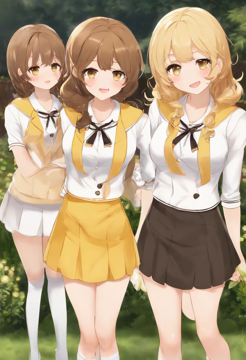 ((masterpiece, best quality, 8k, highres:1.1)), yellow school uniform, highleg, hazel eyes, yellow blazer, medium breasts, yellow pencil skirt, white thighhighs, white thighhigh socks, black high heels, (brown hair, blonde hair, curly hair, long hair, brown haired sisters, blonde sisters), (10+girls, family picture, identical sisters, clones), ((matching hairstyles, matching faces, same eye color, matching outfits))