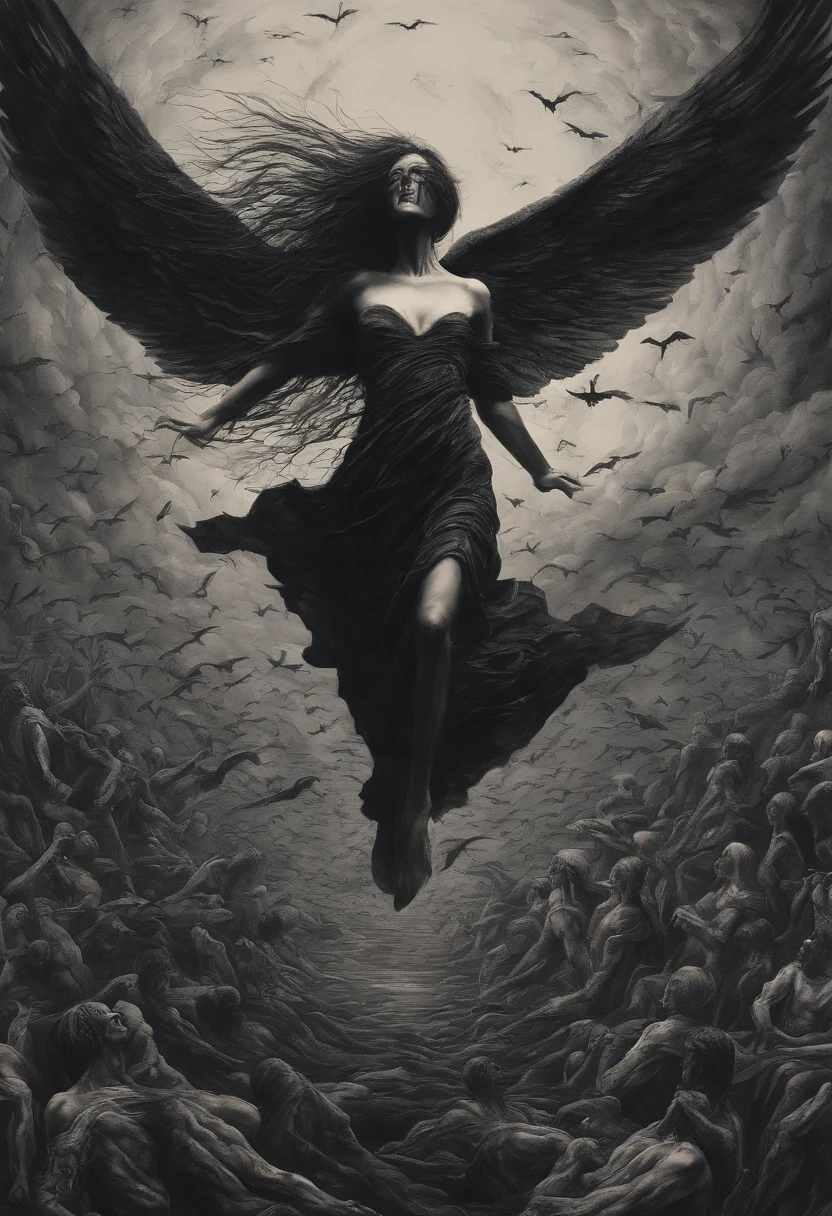 naked woman flying above a sea of hands