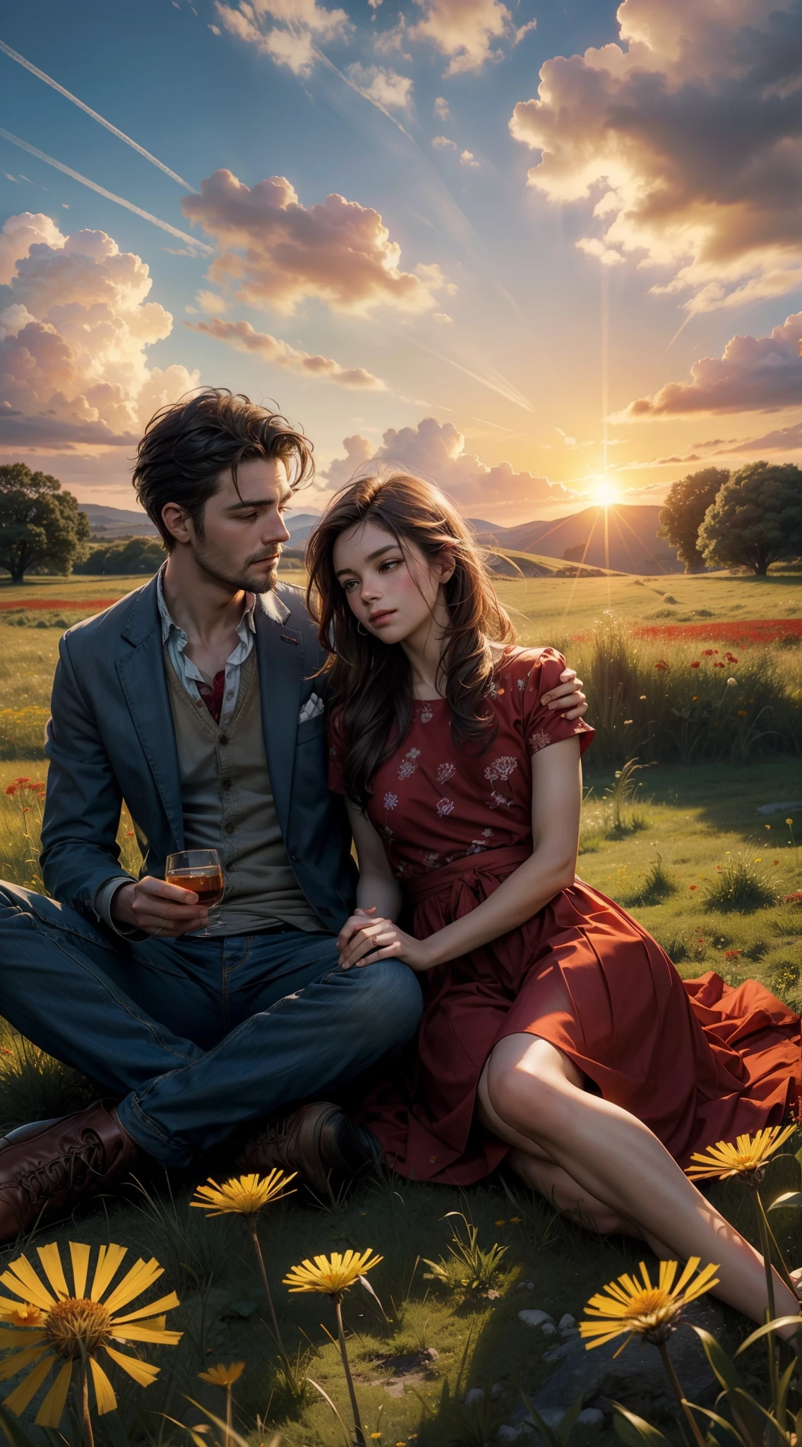 A man and a woman are sitting in a meadow of red flowers, sun sunset, Irish Man, Campo florescente, Dandelion floating in the wind, estilo romance, garoto e mulher, flores vermelhas, garoto de jaqueta de couro e causa jeans, Flying dandelion
