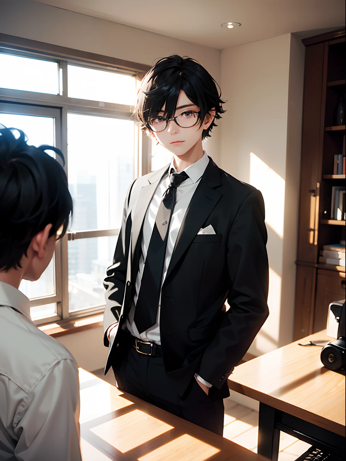 1boy,11 only、(Man's :2),(bobhair:1.5)、A dark-haired、Bright suit、Beautiful lighting in the office、hightquality、masutepiece,8K,hight resolution、