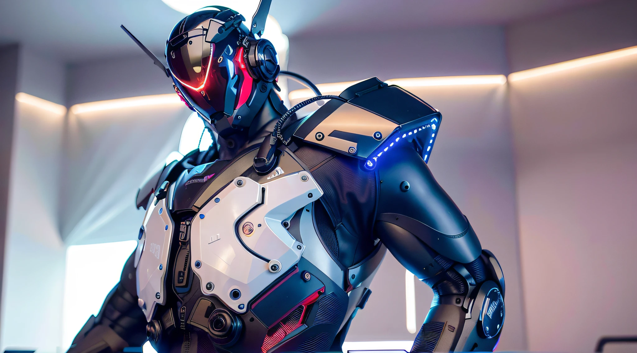 divine paradise. heavenly illumination. God. Holy robotic. Flying. Position of Jesus Christ. Floating in a cathedral.
strong, robust and masculine body. fat arms. Position of divinity. Floating. flying. masterpiece, best quality, a close up of a futuristic looking cyborg man with a fantastic cyber helmet head with red and blue triangle led lights and a halo, full body, dancing. dance. synthwave ballad. silver pants. wearing a red and blue techwear jacket, white church in background. jump, full body, robotic legs.