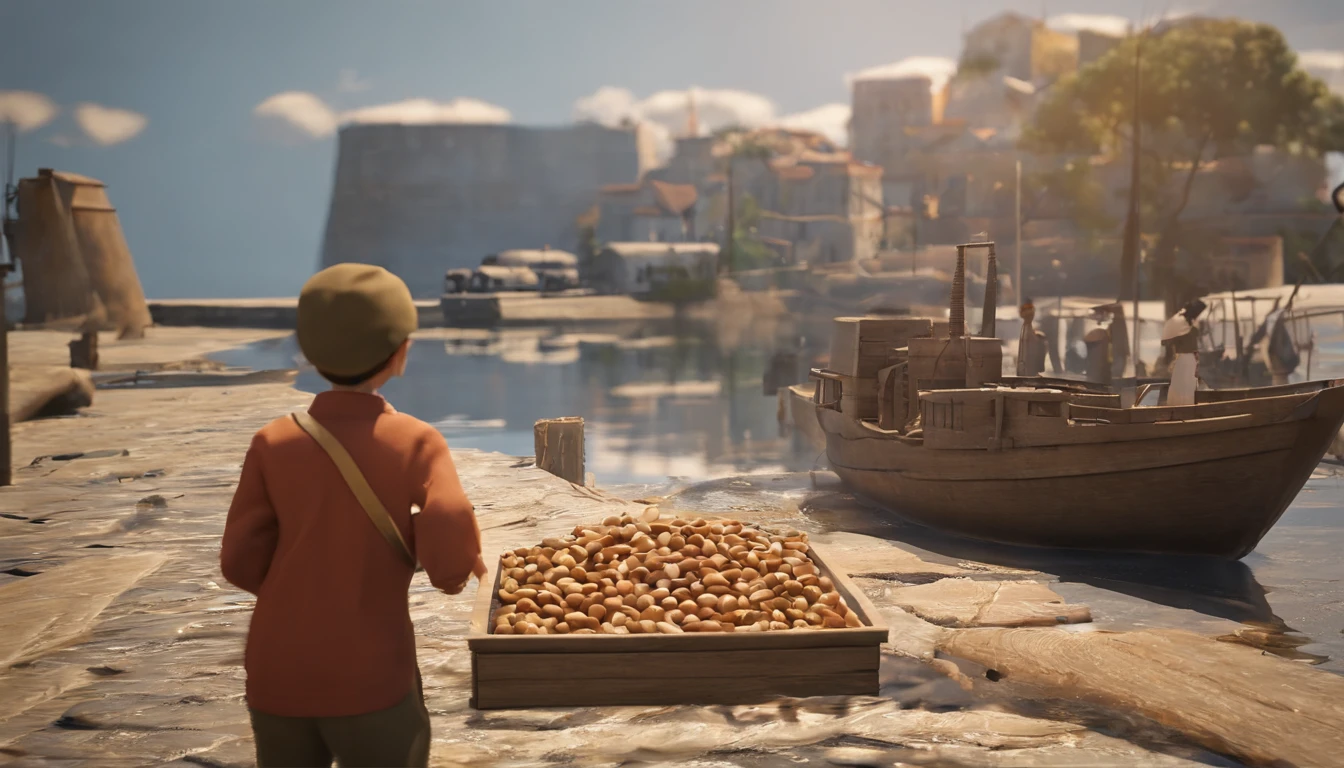 an old black and white photo of a poor white boy stand up holding box of nuts and selling nuts and waving with his hands in algeria boat port waving with his hand, dirty clouths ,1948, real-life photograph, french architecture, provia, security agent, vignette, small of people, real, large frame