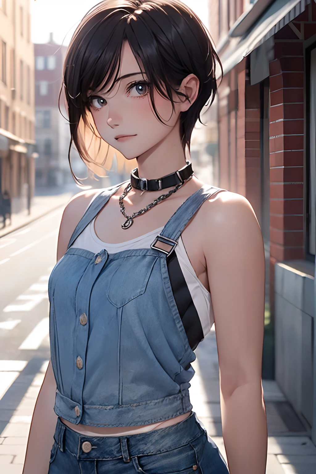 ((Medium chest, Long hair, small head)), Daylight, Sunlight, (well-defined abs: 1.1), (Perfect body: 1.1), (short wavy hair: 1.2), Russet Hair, Collar, chain, Full body photo, Shabby street, wearing a black tank top, Denim jacket, ((Shorts)), (Very detailed CG 8k wallpaper), (Extremely delicate and beautiful), (masutepiece), (Best Quality: 1.0), (Hyper-Resolution: 1.0), Beautiful lighting, Perfect Lightning, Realistic Shadows, [High resolution], detailed skins, ultra-detailliert