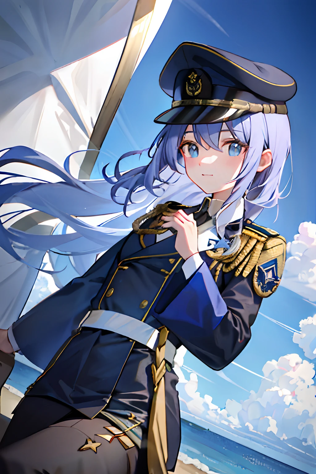 16k resolution,Pessoas do sexo masculino,Brazilian Air Force,Air Force dress in style 2021,There are two bars and a star on the shoulders,Exposing the face to sunlight,Fique em uma plataforma alta,Wearing a military cap with a bright Aug. 1 badge,Olhe para os lados,cara bonita。