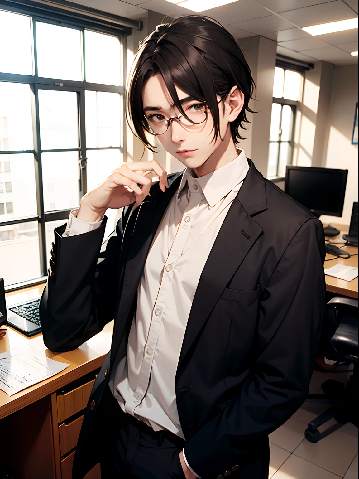 1boy,11 only、(Man's :2),(bobhair:1.5)、A dark-haired、Bright suit、Beautiful lighting in the office、hightquality、masutepiece,8K,hight resolution、