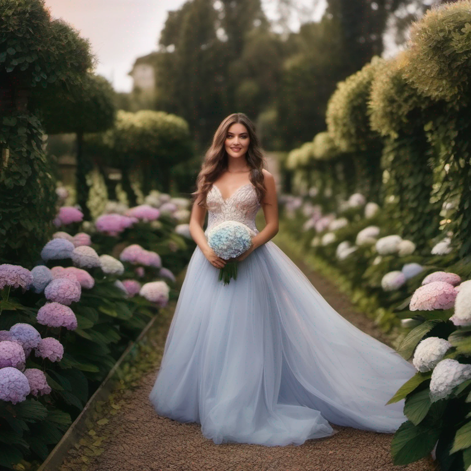 hydrangeas, parque, lago, pequenas colinas, caminho de seixos, 1 beautiful girl with long hair, master part, melhor qualidade, anatomicamente correto, Detalhes altos, 8k, O papel de parede