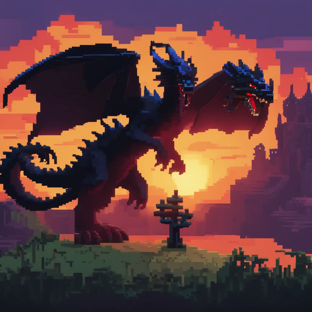 Minecraft characters fighting a pixel art black dragon. Morning. 3D pixel art 4K wallpaper. Incredible pixel art detail. Pixel art. Detailed Unreal Engine pixel art