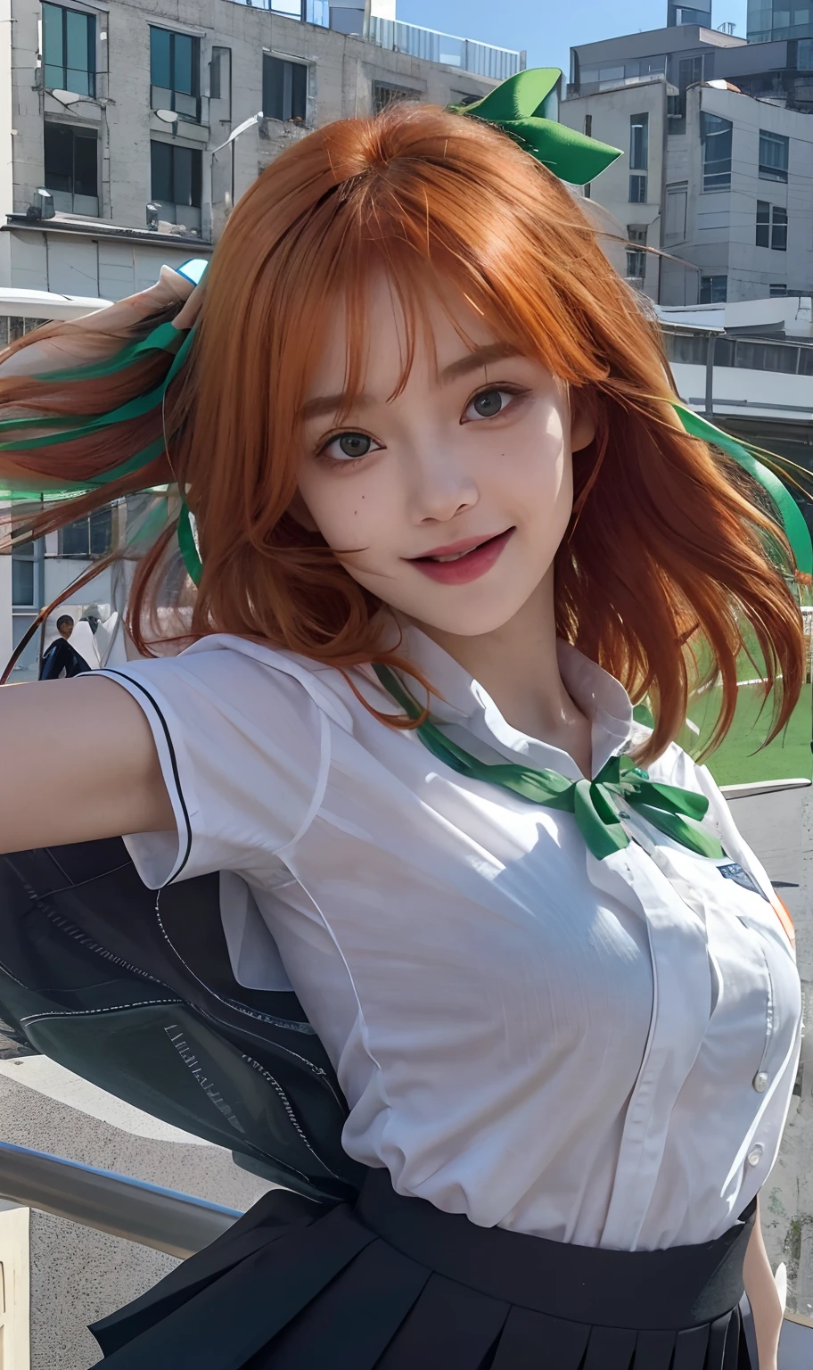 superfine illustration, very detailed beautiful face and eyes, Dynamic Angle, Reflect the upper body, Happy expression, Running, School uniform, Short sleeve shirt, On the roof of a building, Orange hair, Shaggy hair, Green hair ribbon