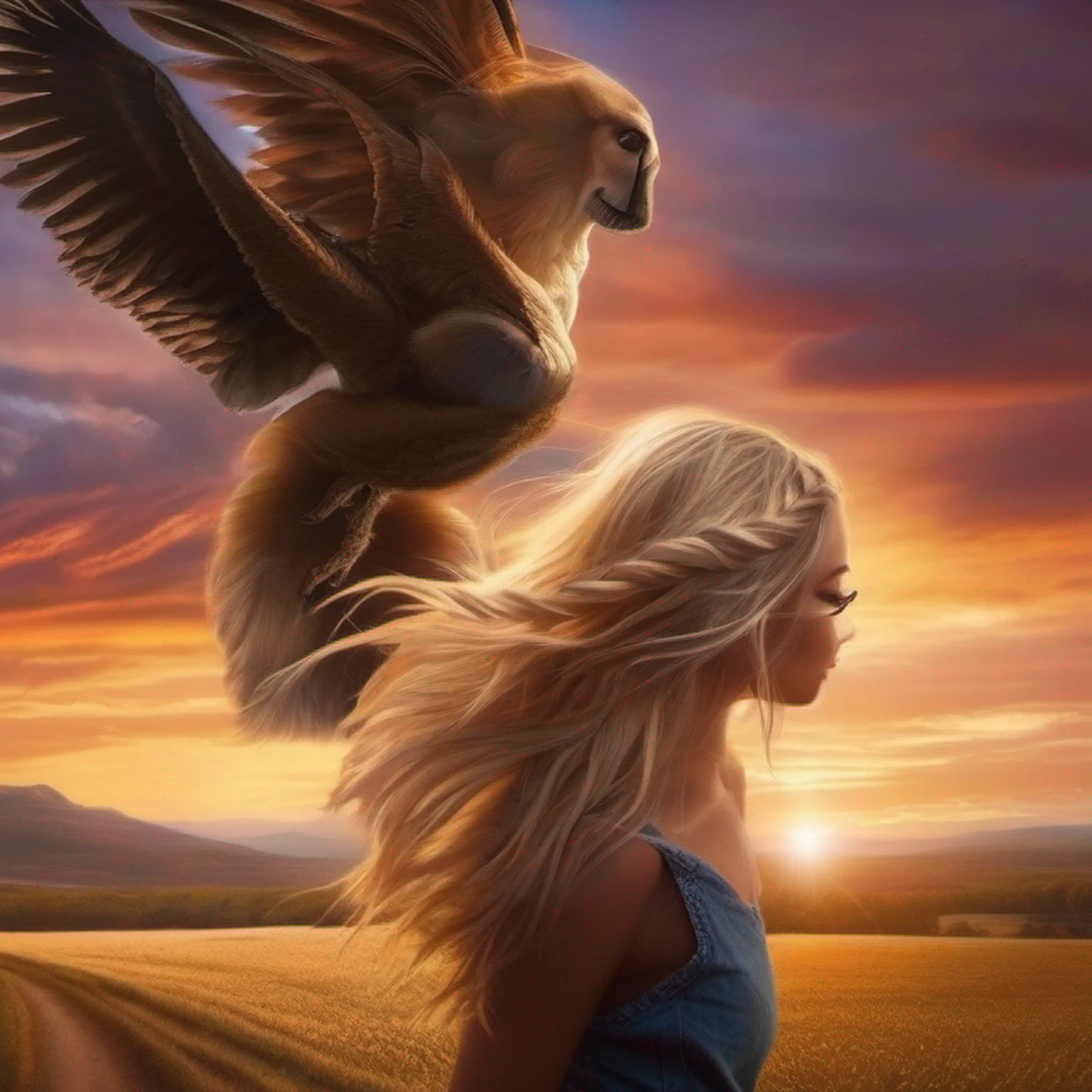 Beautiful landscape woman braided blonde hair wind swinging hair with sunset extinct puppy