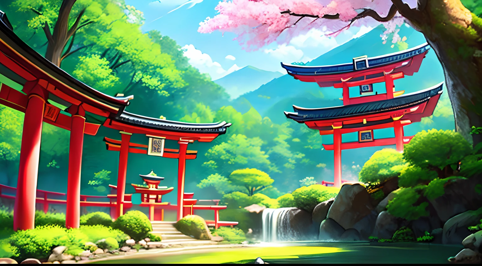A view from above of a beautiful valley of green and extensive countryside, where there is a large river that runs alongside a large pink and white temple, and in front of this temple there is a Japanese torii, and a large dense forest.