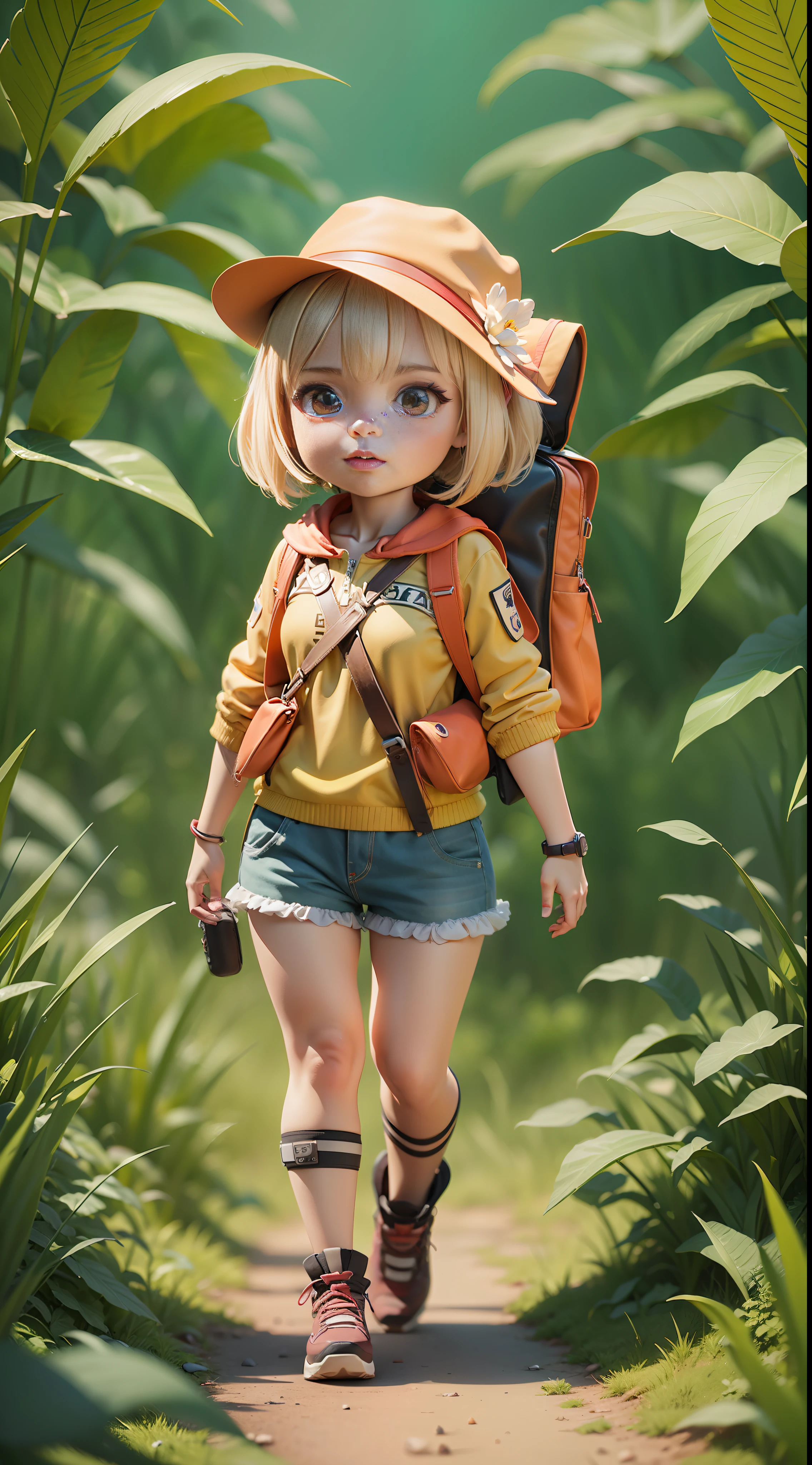 There is a poster with a cartoon character in a hat and backpack, female explorer mini cute girl, walking in the wilderness, flower jungle, animation style rendering, cute 3 D rendering, small characters. Unreal Engine 5, stylized anime, cute detailed digital art, Atey Ghailan 8 K, stylized 3D rendering, adventure surreal rendering, anime style 3D, 3D rendering stylized