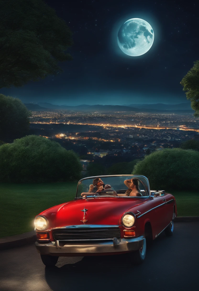man and woman sitting in the park, looking at the city landscape. he is on a hill, at night, with a bright moon and stars, you can see the lights of the city below, there is a red car parked near them, there are trees shading it, cinematic atmosphere, ultra realistic