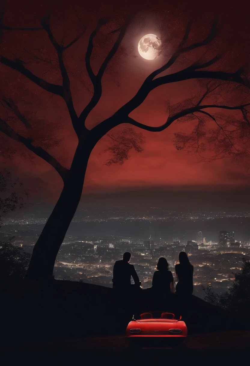 man and woman sitting in the park, looking at the city landscape. he is on a hill, at night, with a bright moon and stars, you can see the lights of the city below, there is a red car parked near them, there are trees shading it, cinematic atmosphere, ultra realistic