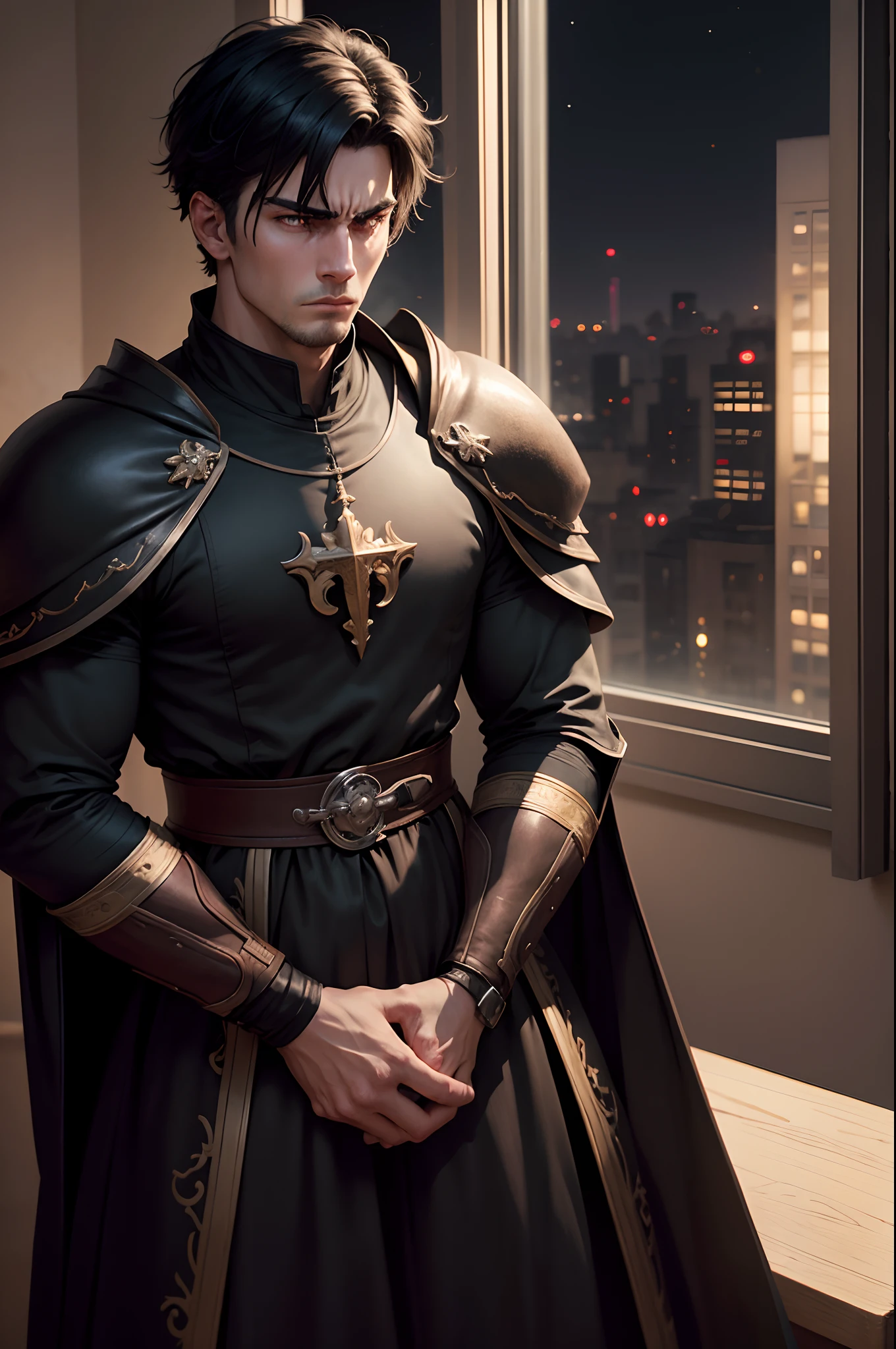 realistic image, masterpiece and in 8k, of a strong 25 year old man, with short black hair combed to the side, angry, dressed in cleric clothes with black shoulder pads RPG style, in front of the window of an apartment, night scene desert, anime style art