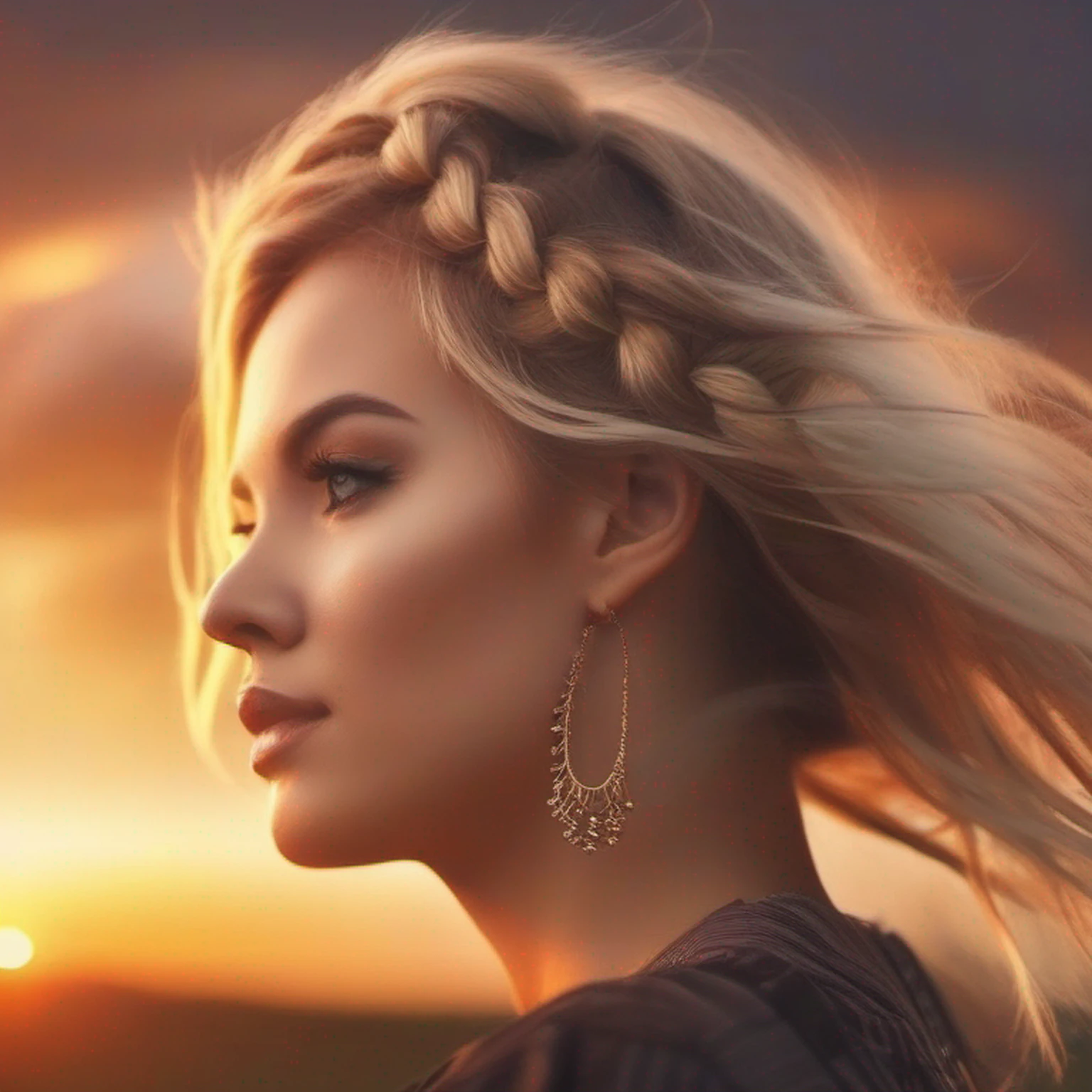 Beautiful landscape woman braided blonde hair wind swinging hair with sunset extinct puppy