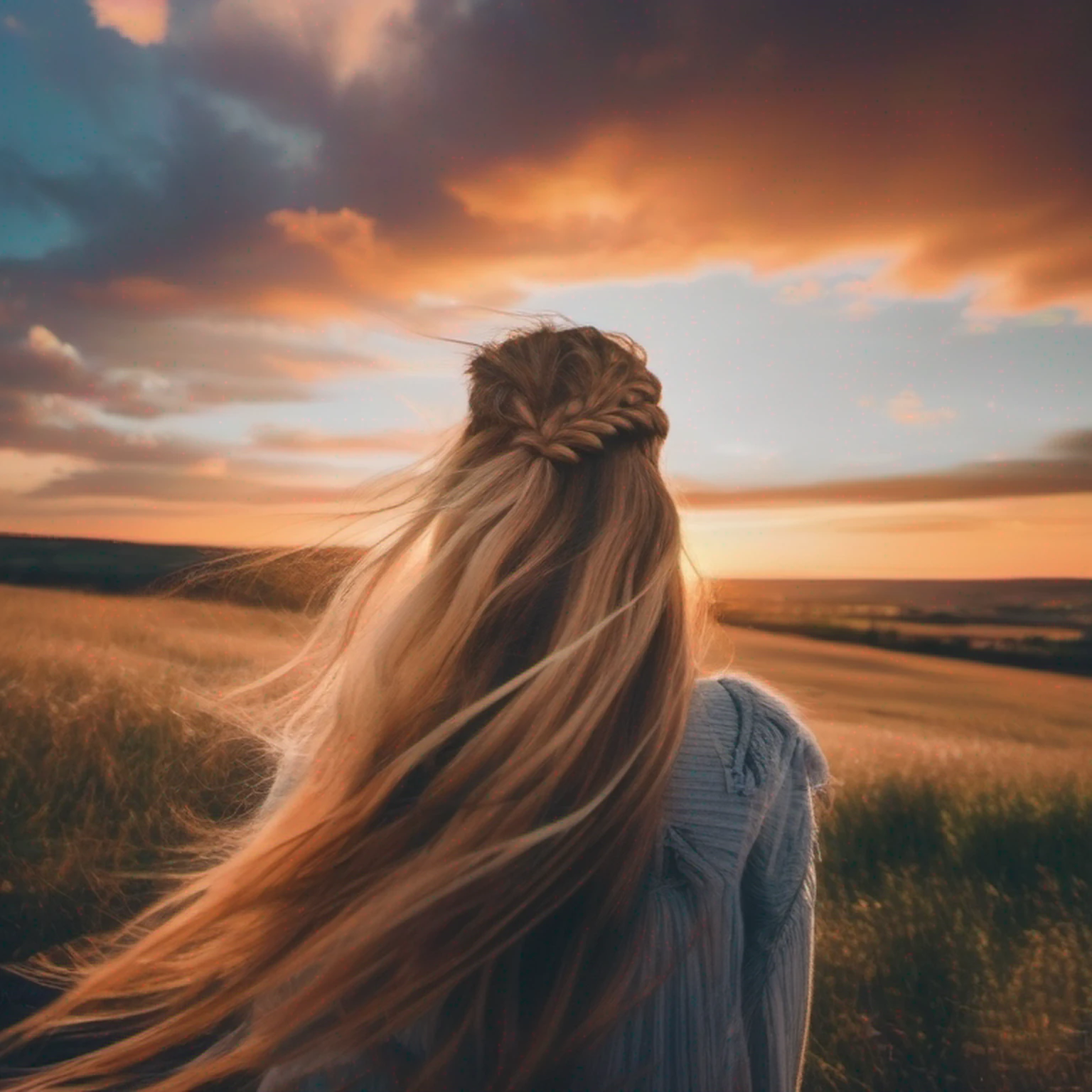Beautiful landscape woman braided blonde hair wind swinging hair with sunset extinct puppy