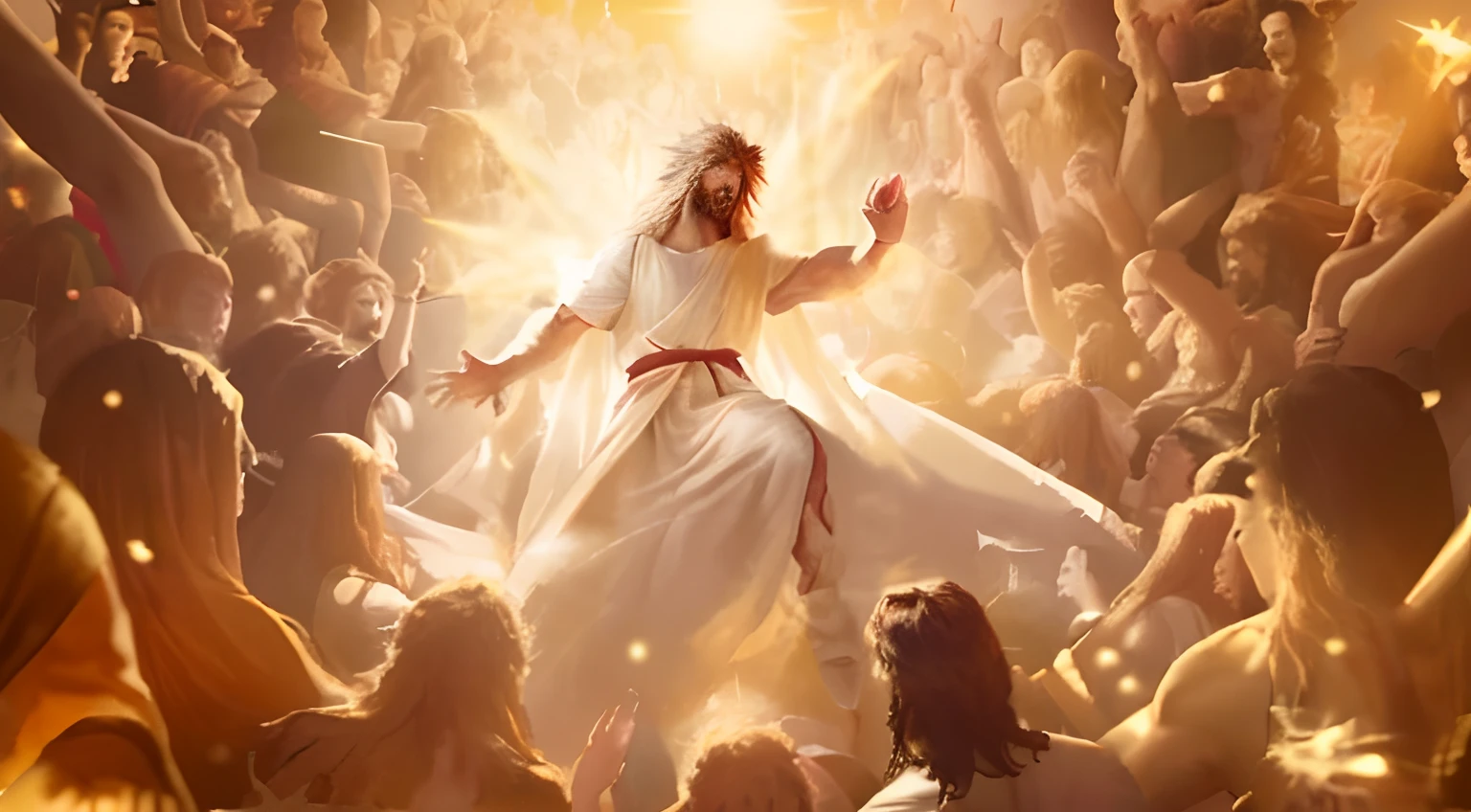 jesus is surrounded by many people in a large crowd, biblical epic movie, holy themed, jesus christ, epic biblical depiction, young almighty god, movie promotional image, second coming, king of kings, jesus christ fighting lucifer, the lord and savior, jesus of nazareth, jesus, jesus christ going super saiyan, jesus wasted at a party, official art