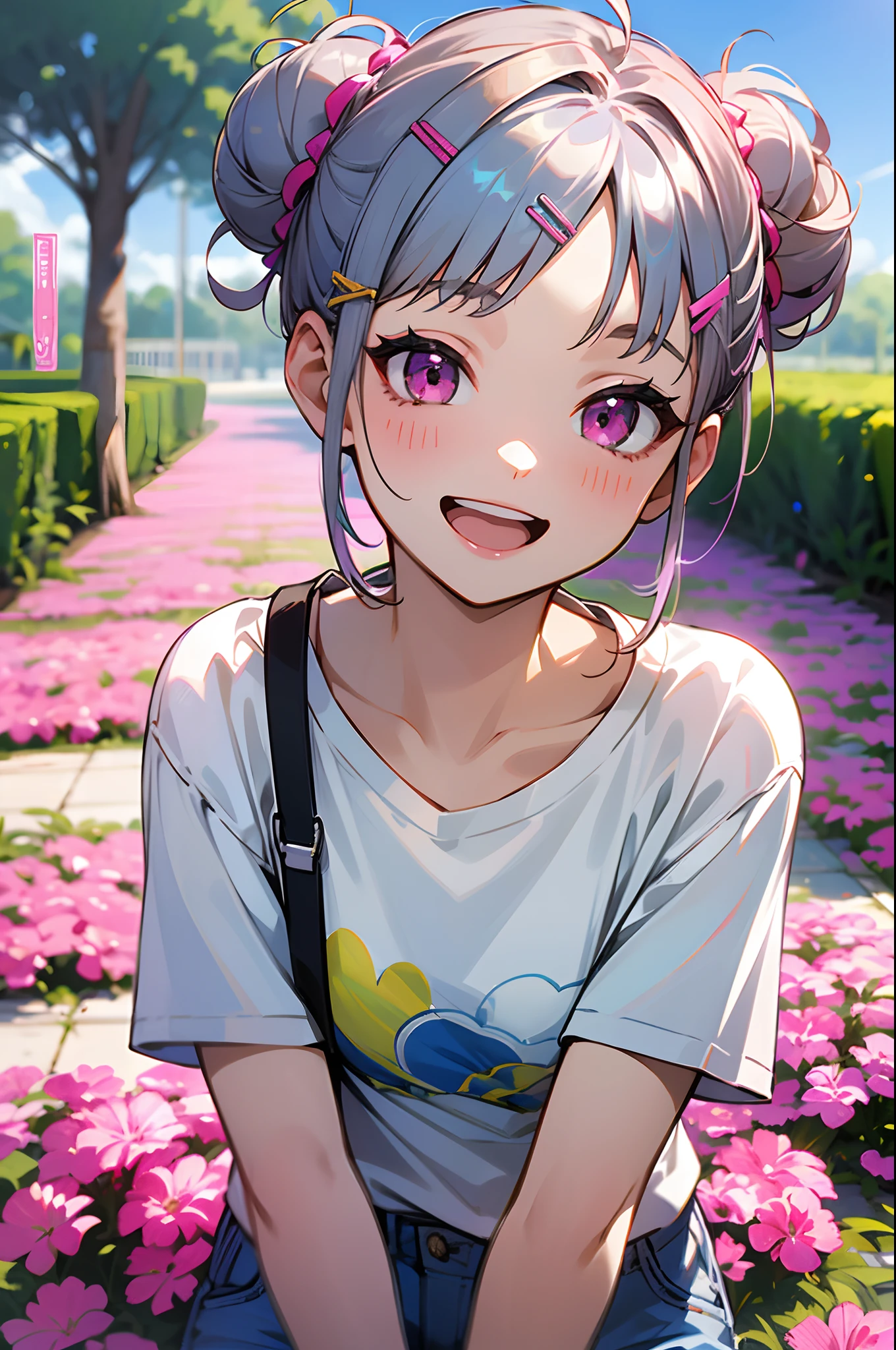 17 years old girl、silber hair、short-cut, Hair bun, hair clips、Pink eyes、small tits、white t-shirts、shortpants、appointment、Blue summer sky、Large park background、Laugh