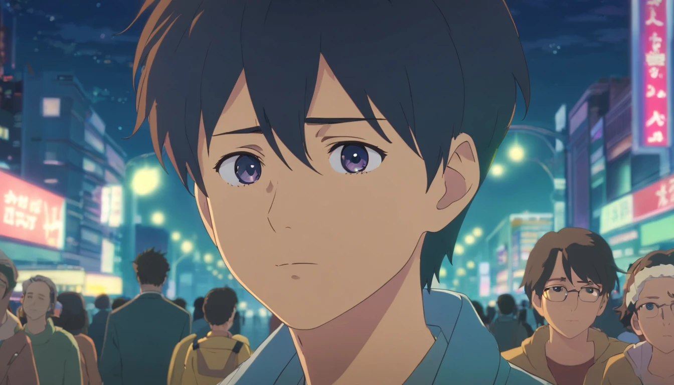 front photo of a sad man's FACE, with a crowd passing behind him, at night