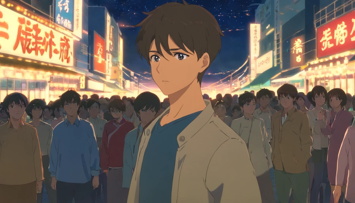 front photo of a sad man's FACE, with a crowd passing behind him, at night