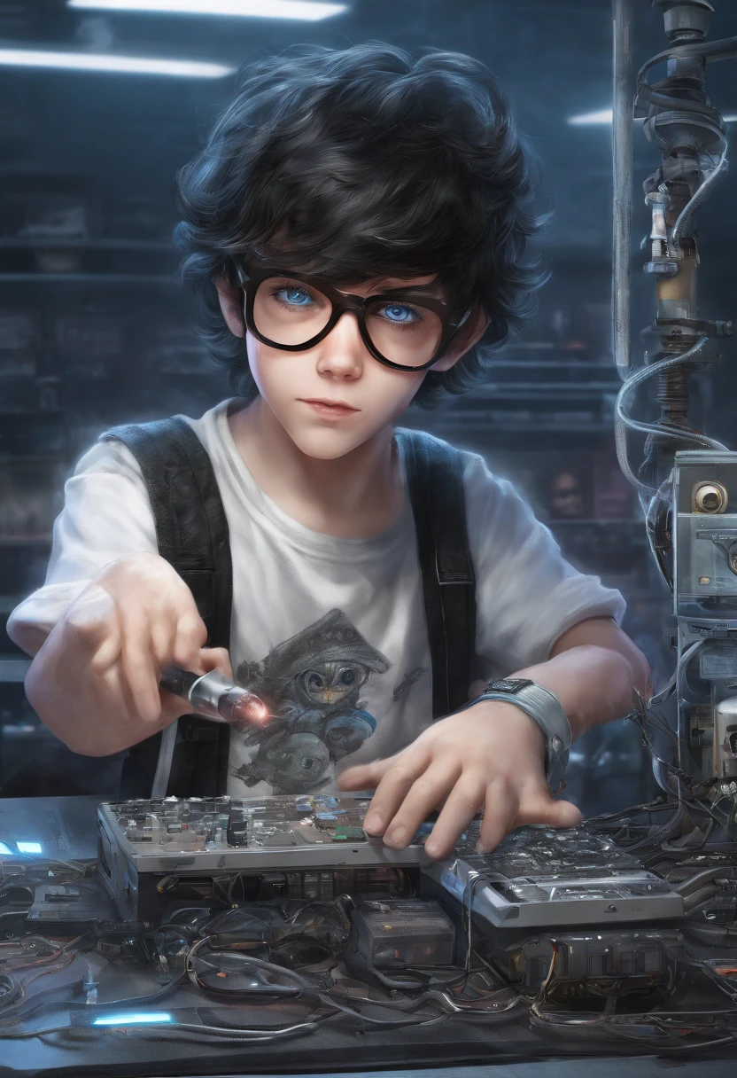 Boy with black hair and blue eyes that glows with cyberpunk glasses on his forehead smiling with a brain on the table in front of him in a sinister lab