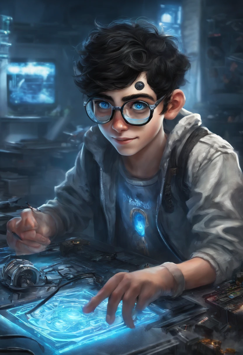 Black-haired, blue-eyed boy who glows with cyberpunk glasses on his forehead smiling with a brain on the table in front of him in a sinister lab