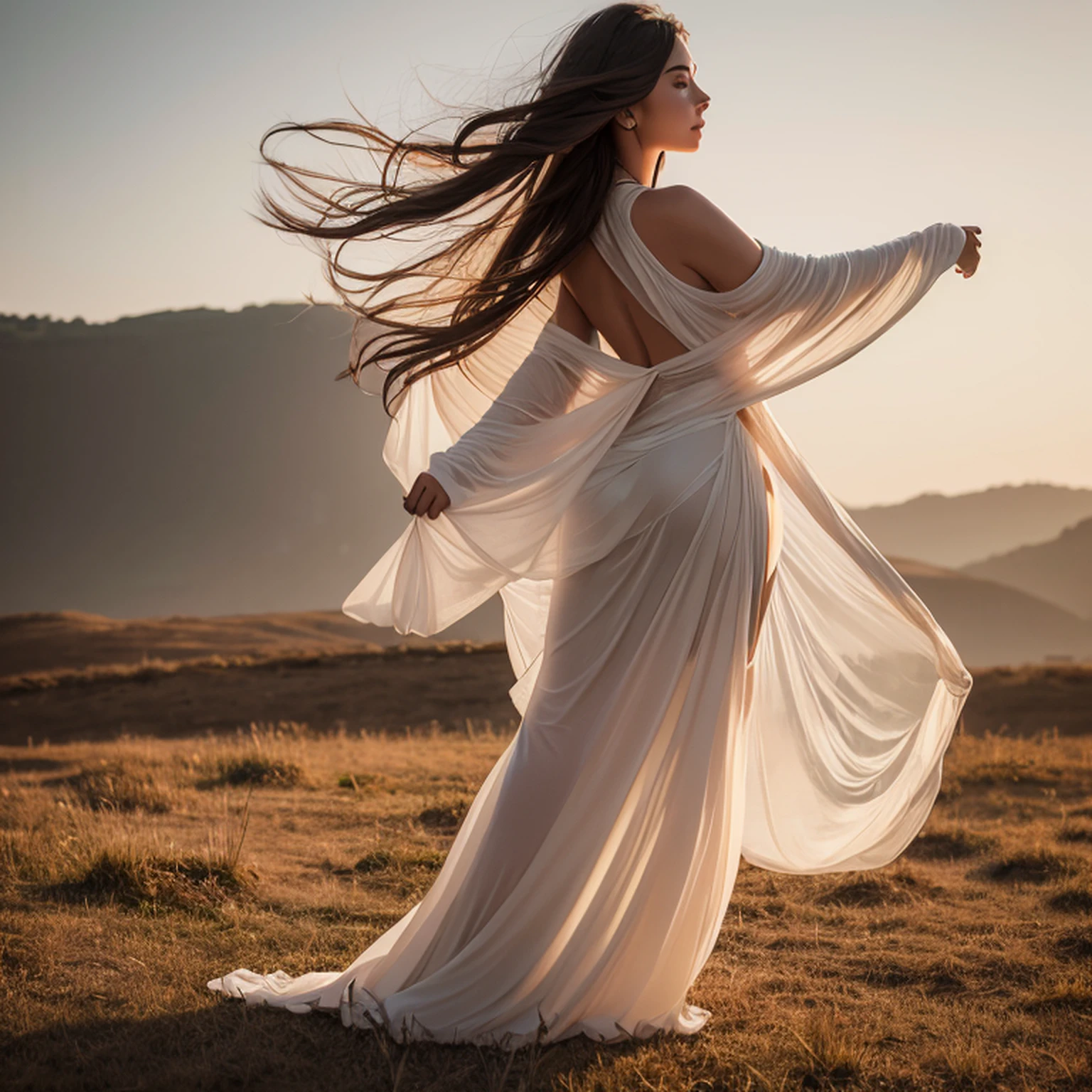 Arad woman in dress standing in the field，wearing a long, flowing dress, vestido flutuante, flowy robe, Marcos Adamus, pose elegante e deslumbrante, Beautiful flowing fabric, ethereal beauty, wearing flowing dress, flowing fabric, fotografia de moda fine art, dramatic elegant pose, cinematic goddess shot, ethereal back light, banhado por um brilho dourado, draped in flowing fabric