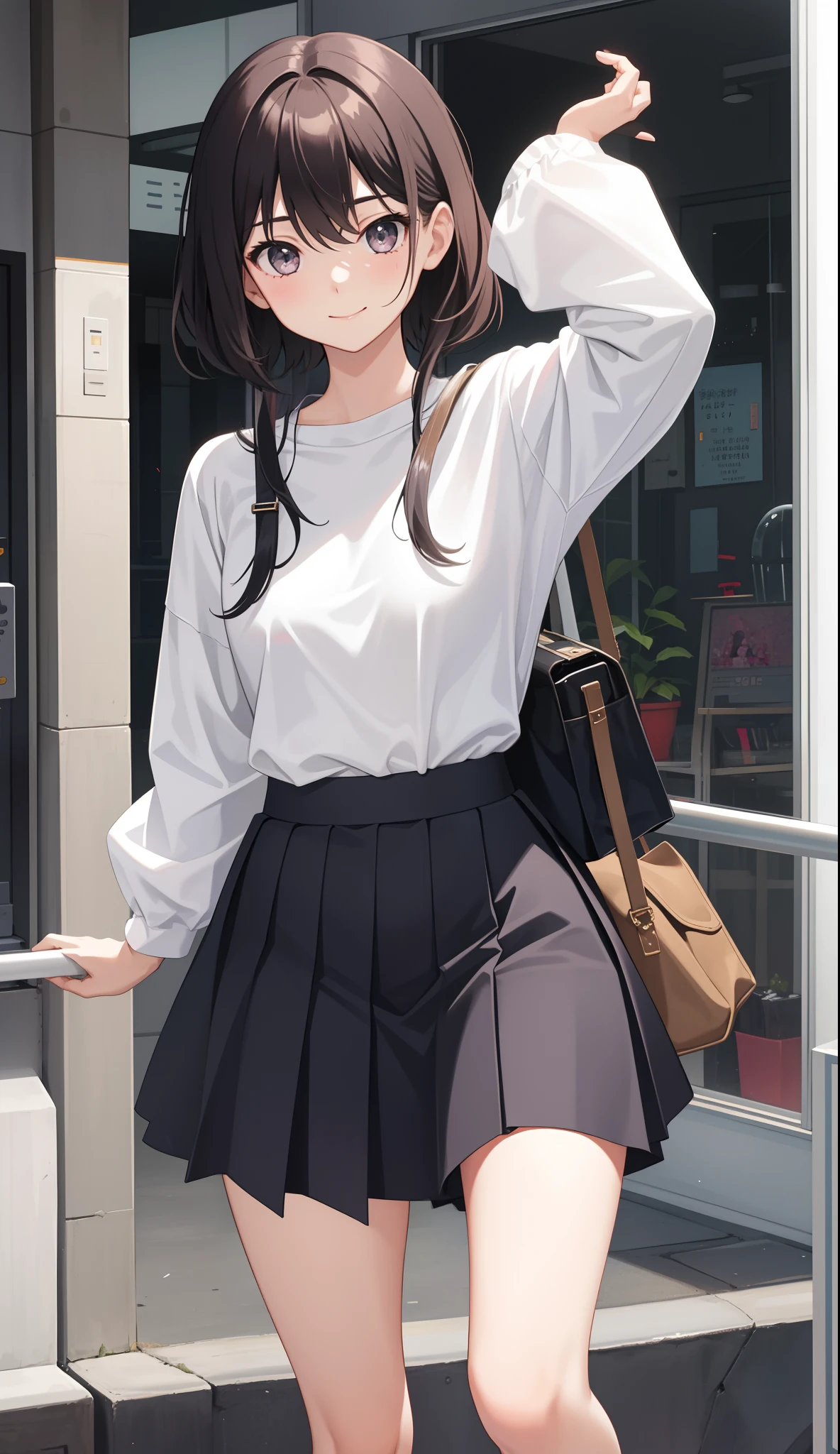 1girl in、AS-Adult、A smile、The shirt、skirt by the、（small tits）、Walking with a thigh、Upper body portrait、