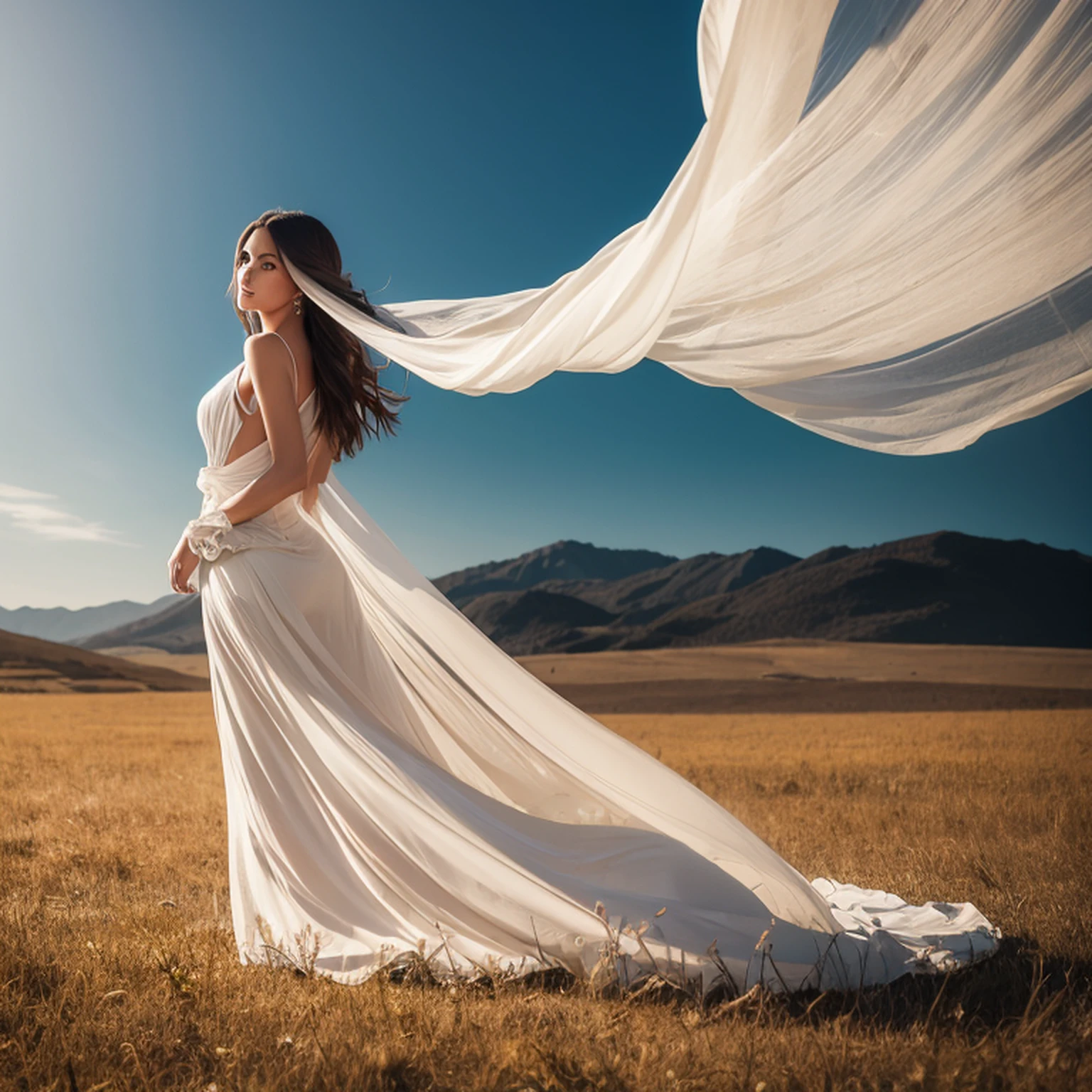 Arad woman in dress standing in the field，wearing a long, flowing dress, vestido flutuante, flowy robe, Marcos Adamus, pose elegante e deslumbrante, Beautiful flowing fabric, ethereal beauty, wearing flowing dress, flowing fabric, fotografia de moda fine art, dramatic elegant pose, cinematic goddess shot, ethereal back light, banhado por um brilho dourado, draped in flowing fabric