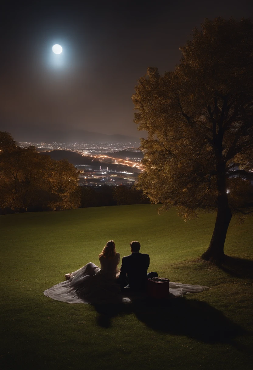 man and woman sitting in the park, looking at the city landscape. he is on a hill, at night, with a bright moon and stars, you can see the lights of the city below, there is a red car parked near them, there are trees shading it, cinematic atmosphere, ultra realistic