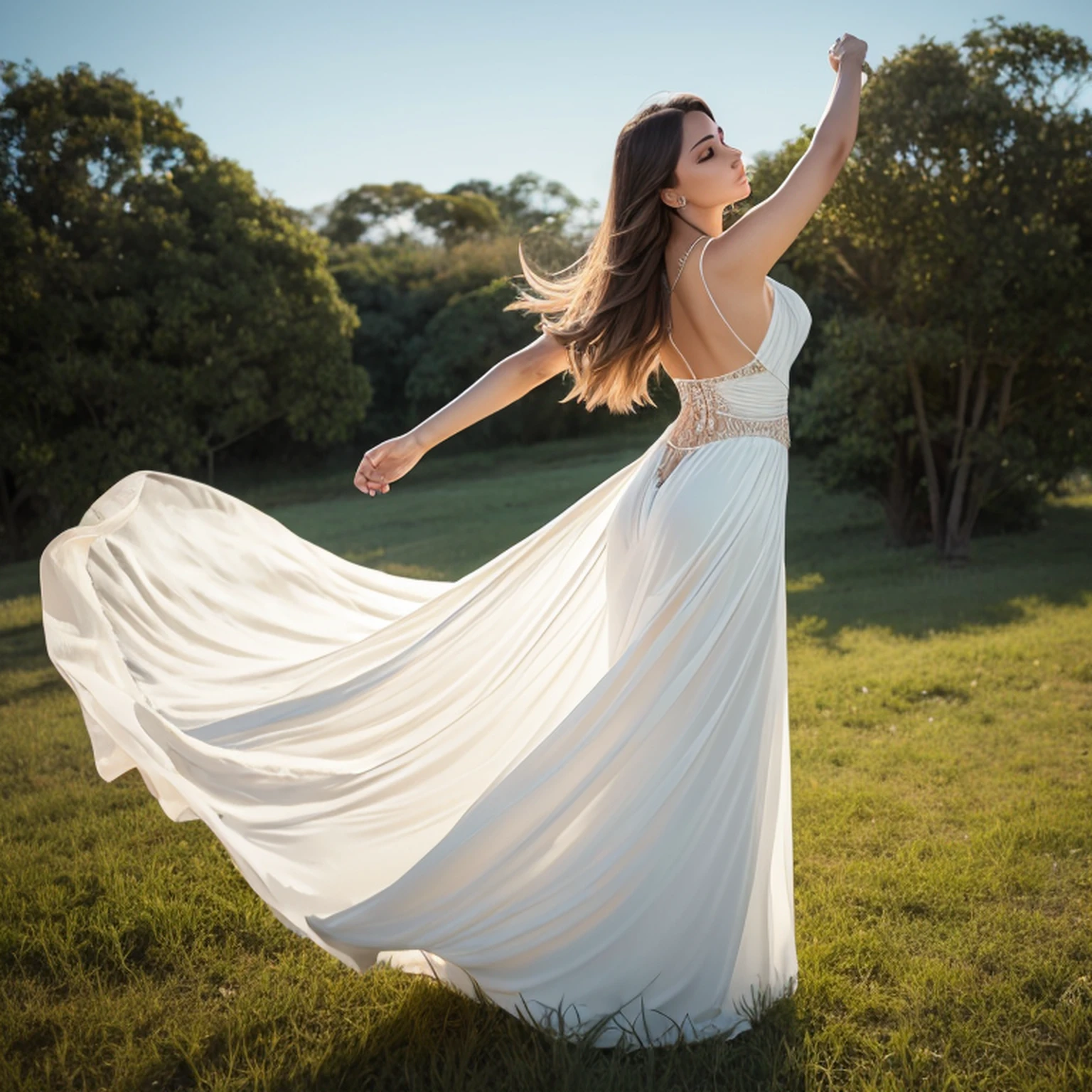 Arad woman in dress standing in the field,wearing a long, flowing dress, vestido flutuante, flowy robe, Marcos Adamus, pose elegante e deslumbrante, Beautiful flowing fabric, ethereal beauty, wearing flowing dress, flowing fabric, fotografia de moda fine art, dramatic elegant pose, cinematic goddess shot, ethereal back light, banhado por um brilho dourado, draped in flowing fabric