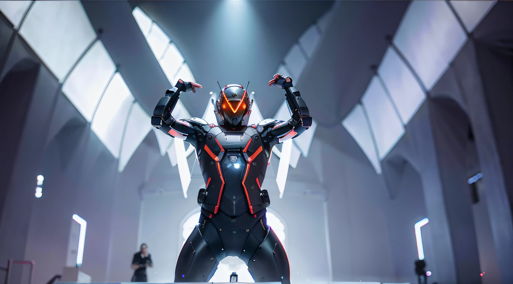divine paradise. heavenly illumination. God. Holy robotic. Flying. Position of Jesus Christ. Floating in a cathedral.
strong, robust and masculine body. fat arms. Position of divinity. Floating. flying. masterpiece, best quality, a close up of a futuristic looking cyborg man with a fantastic cyber helmet head with red and blue triangle led lights and a halo, full body, dancing. dance. synthwave ballad. silver pants. wearing a red and blue techwear jacket, white church in background. jump, full body, robotic legs.