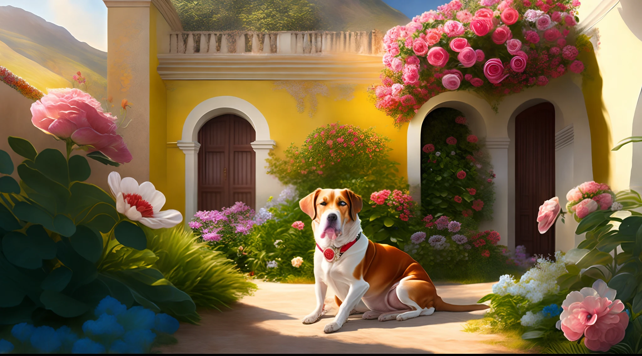 A Havana dog fell into the landscape of the house,y una perra rosa con flores en su cabeza , in a flowery garden ,estilo JEAN BAPTISTE MONGE; JOSEPHINE WALL ,Estilo RZMINJOURNEY, High-quality vector illustration, Camisa estampada, warm sunlight, Sombras suaves, Ambiente tranquilo, Flores vibrantes, Detalles ultrarrealistas.